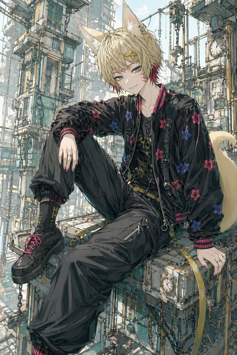 Fox-Eared Streetwear Boy in Steampunk City