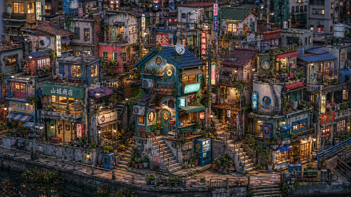Retro Japanese Canal Diorama at Dusk