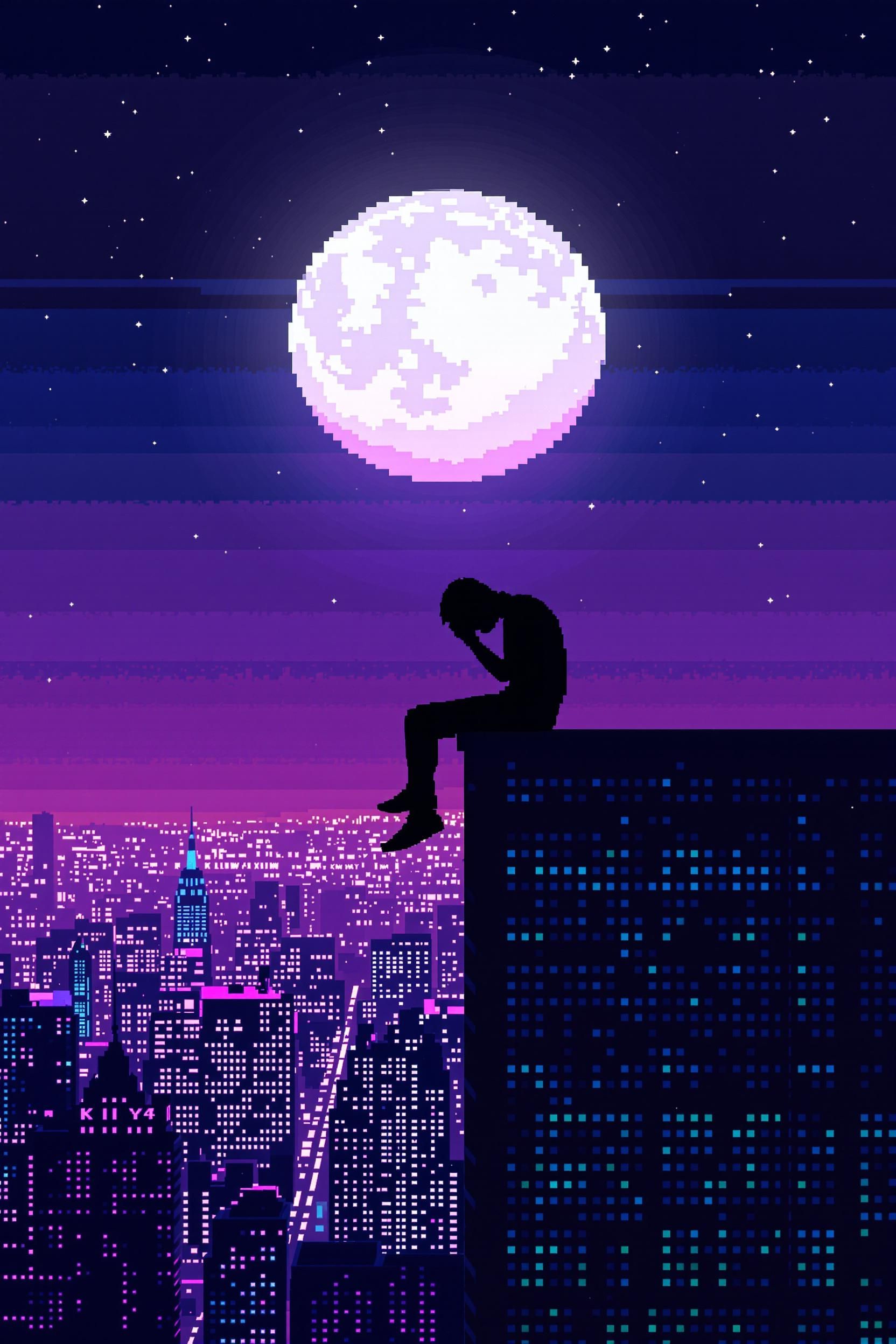 8 Bit Style Man Silhouette Sitting On Skyscraper Night Scene