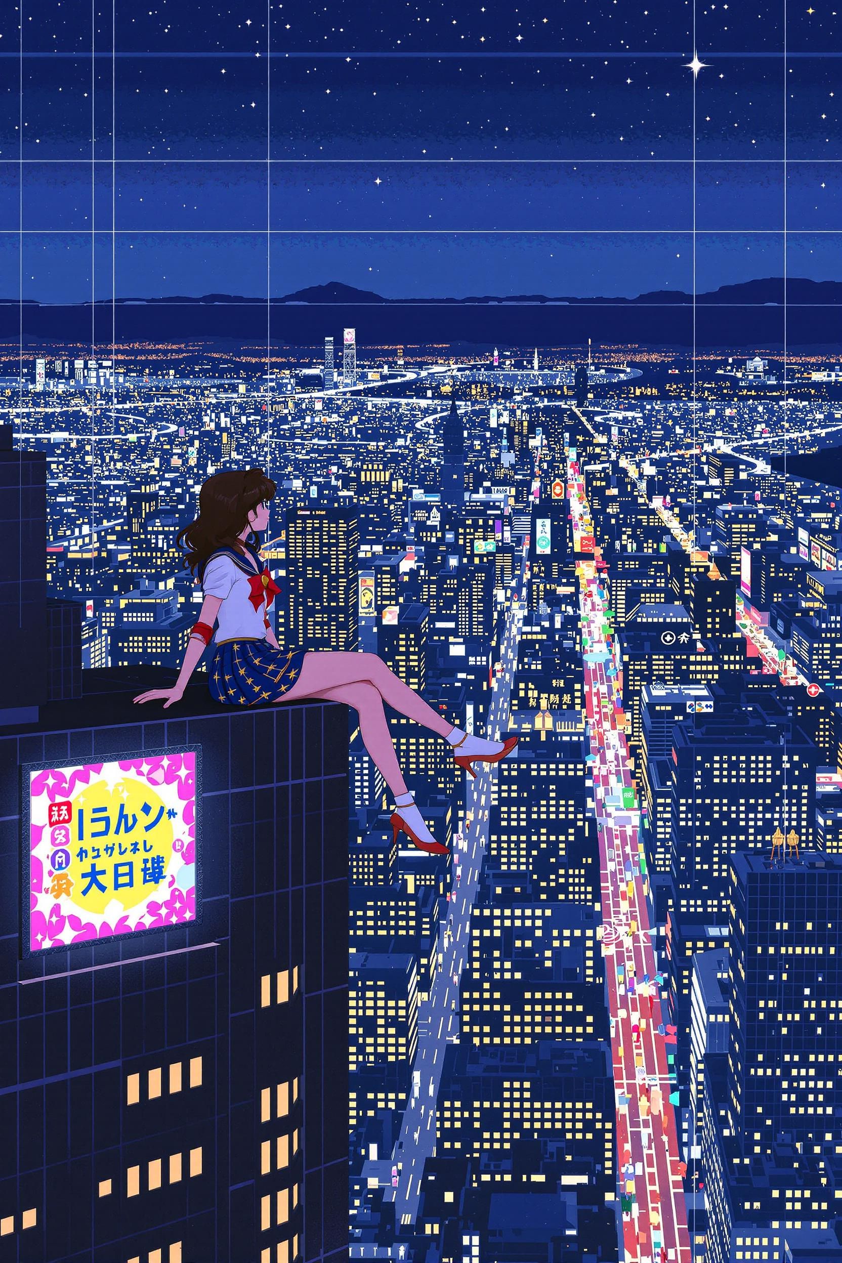 90's Anime 8 Bit Style Woman Sitting On Skyscraper Night Scene