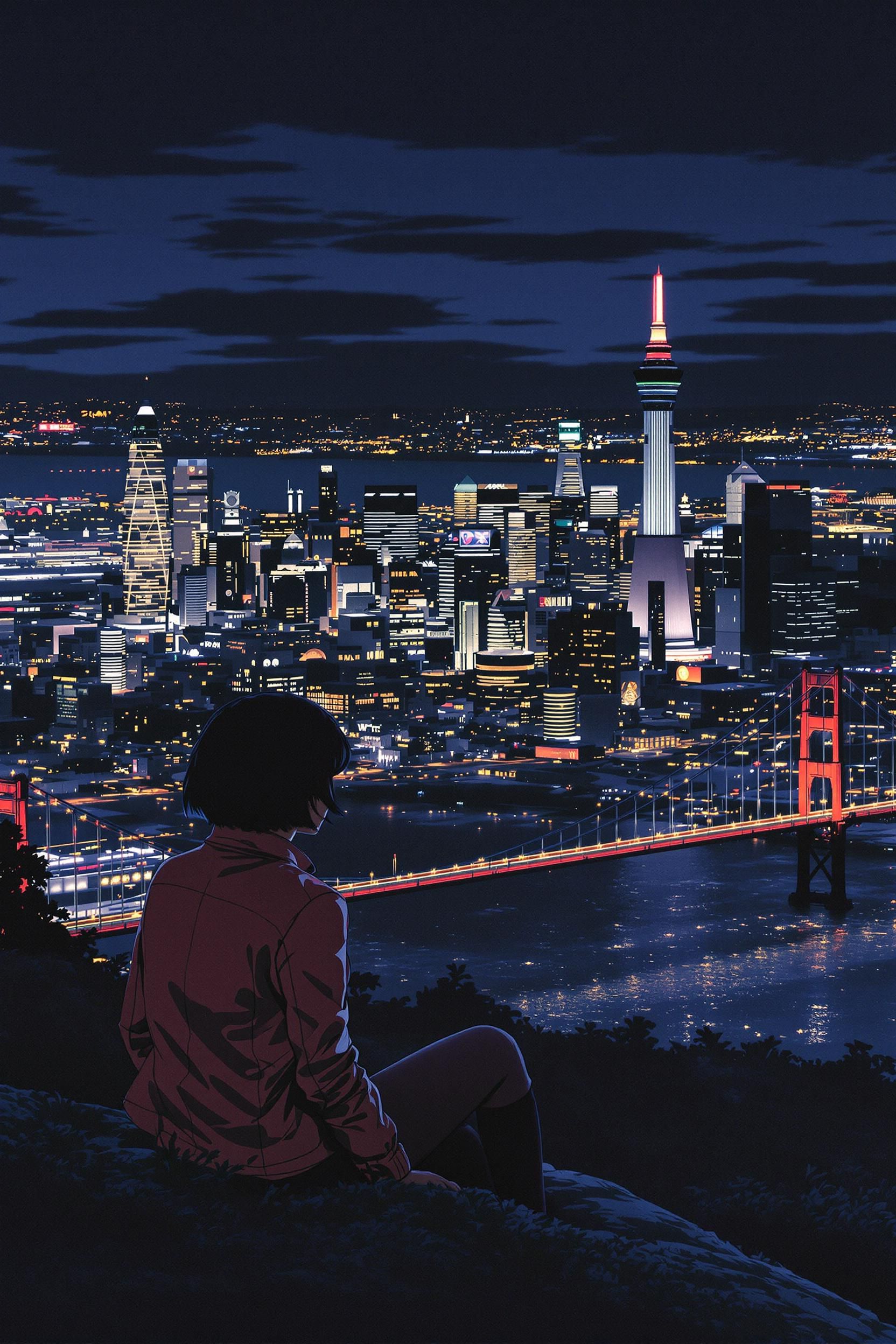 90's Anime Vintage Anime Screenshot Woman Sitting On Hill With San Fransisco Skyline In The Back