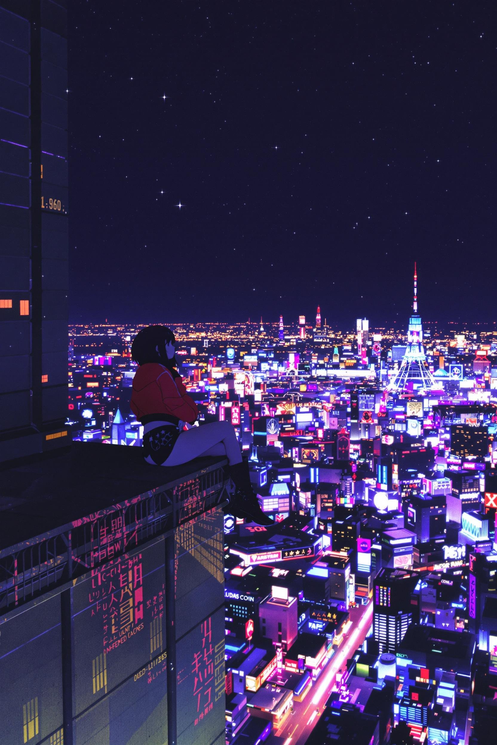 90's Anime Vintage Anime Screenshot Woman Sitting On Skyscraper Night Scene