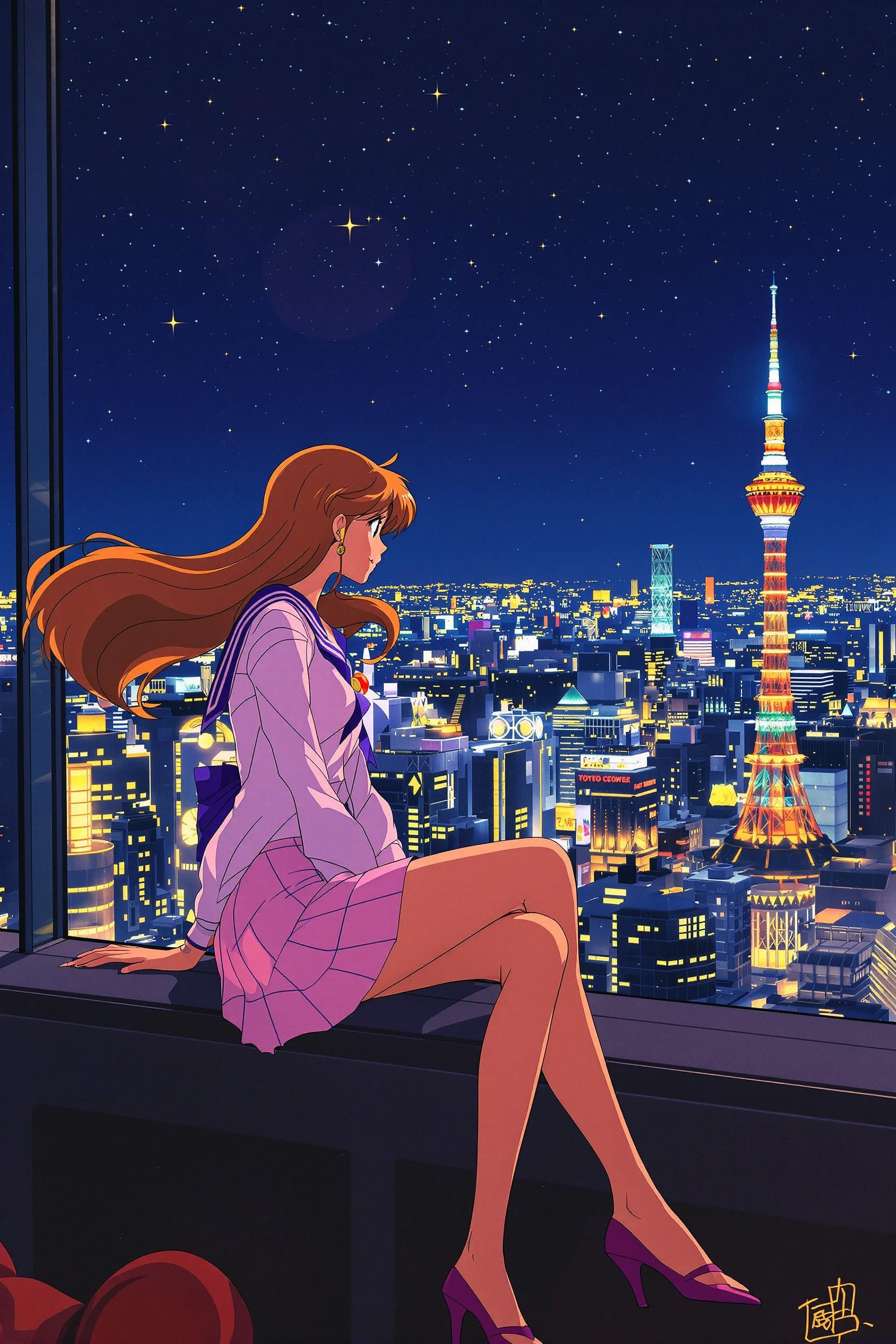 90's Anime Vintage Anime Screenshot Woman Sitting On Skyscraper Night Scene