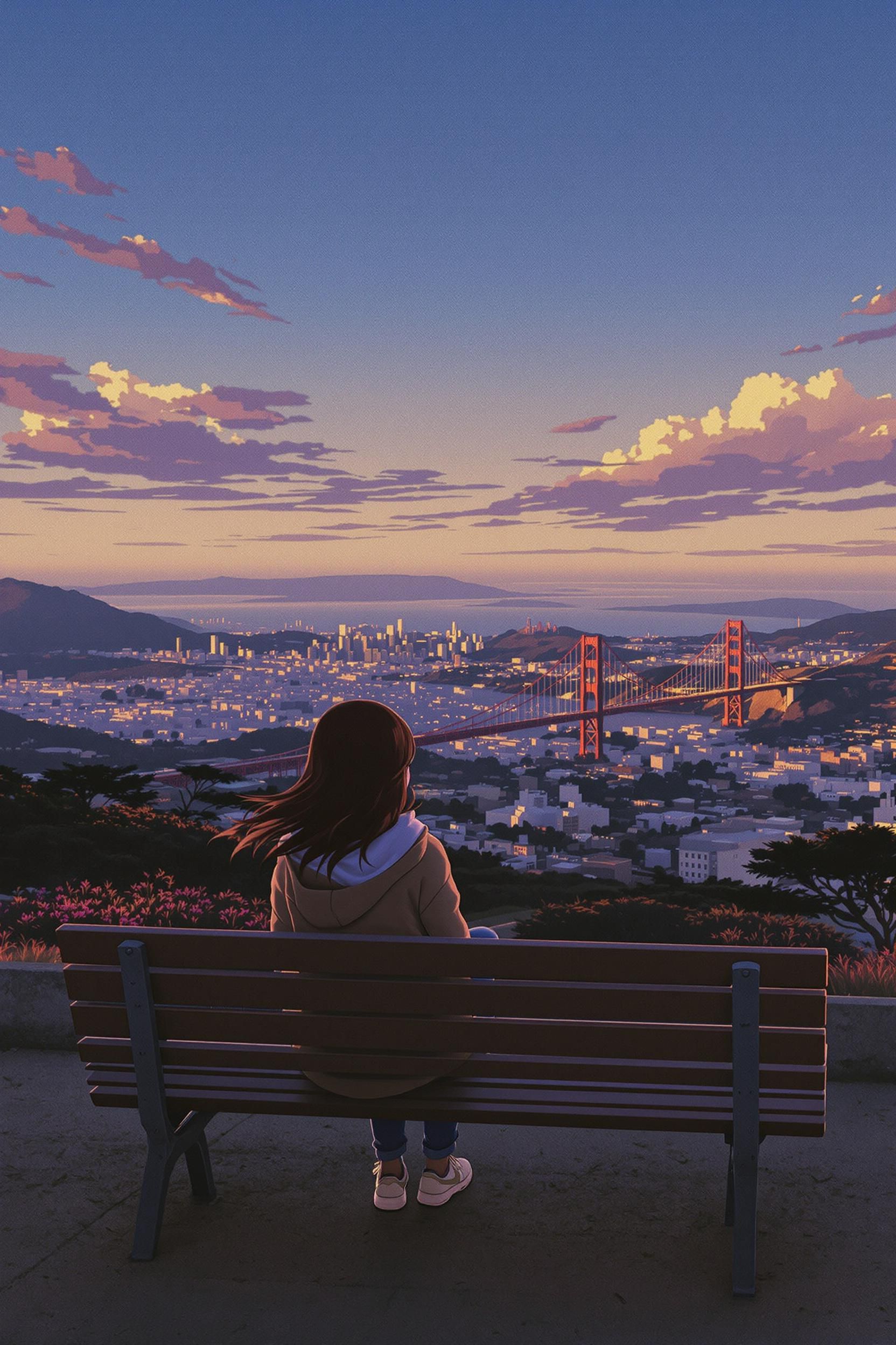 90's Anime Vintage Anime Screenshot Woman Sitting On Twin Peaks In San Fransisco