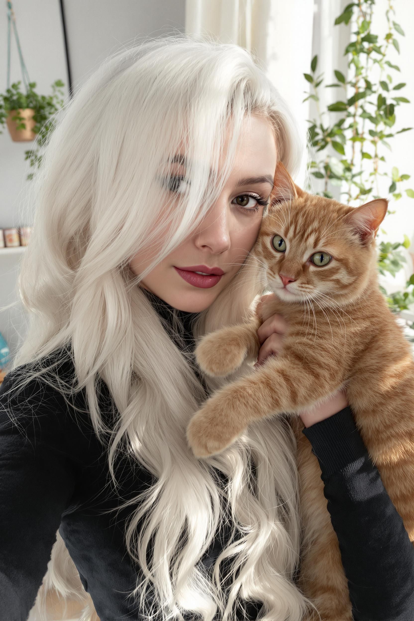 A 22-year-old Woman With Long White Hair Selfie Photo With An Orange Cat