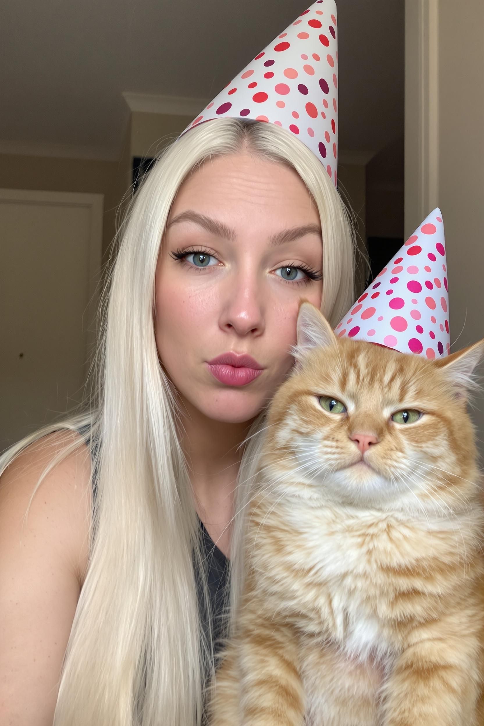 A 22-year-old Woman With Long White Hair Selfie Photo With An Orange Cat