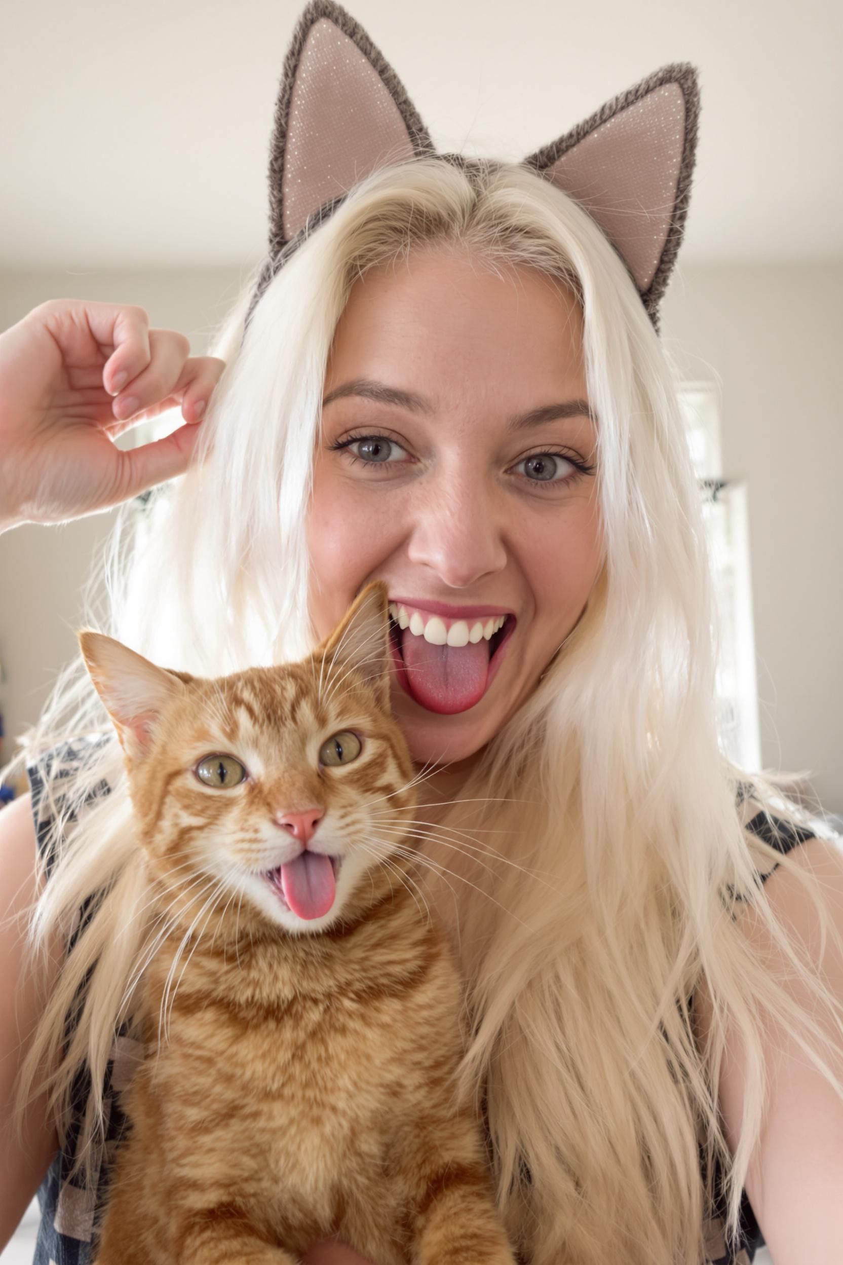 A 22-year-old Woman With Long White Hair Selfie Photo With An Orange Cat 2
