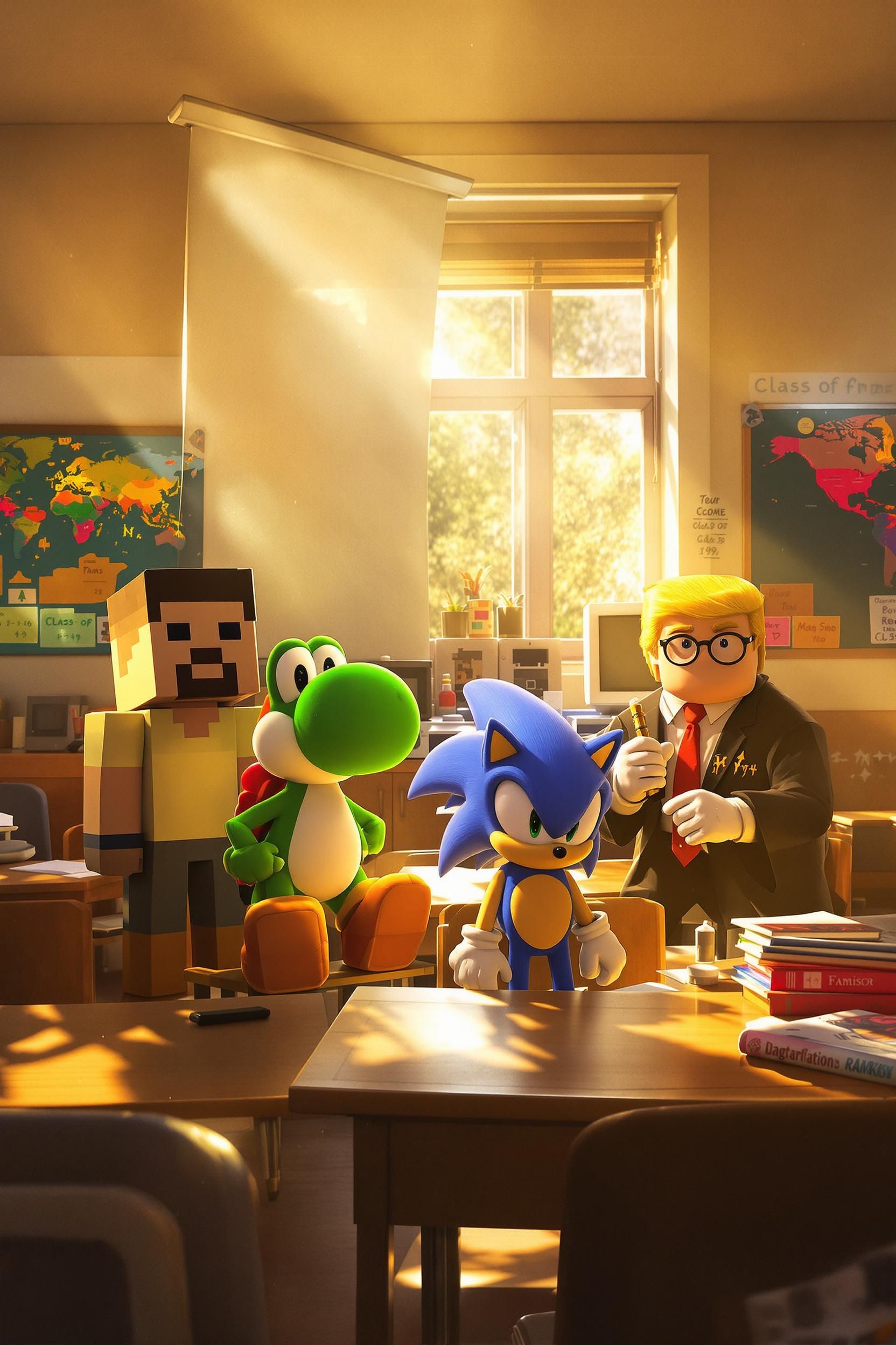 A 90's Classroom With The Following Characters Sitting On Desks: Blocky Minecraft Steve
