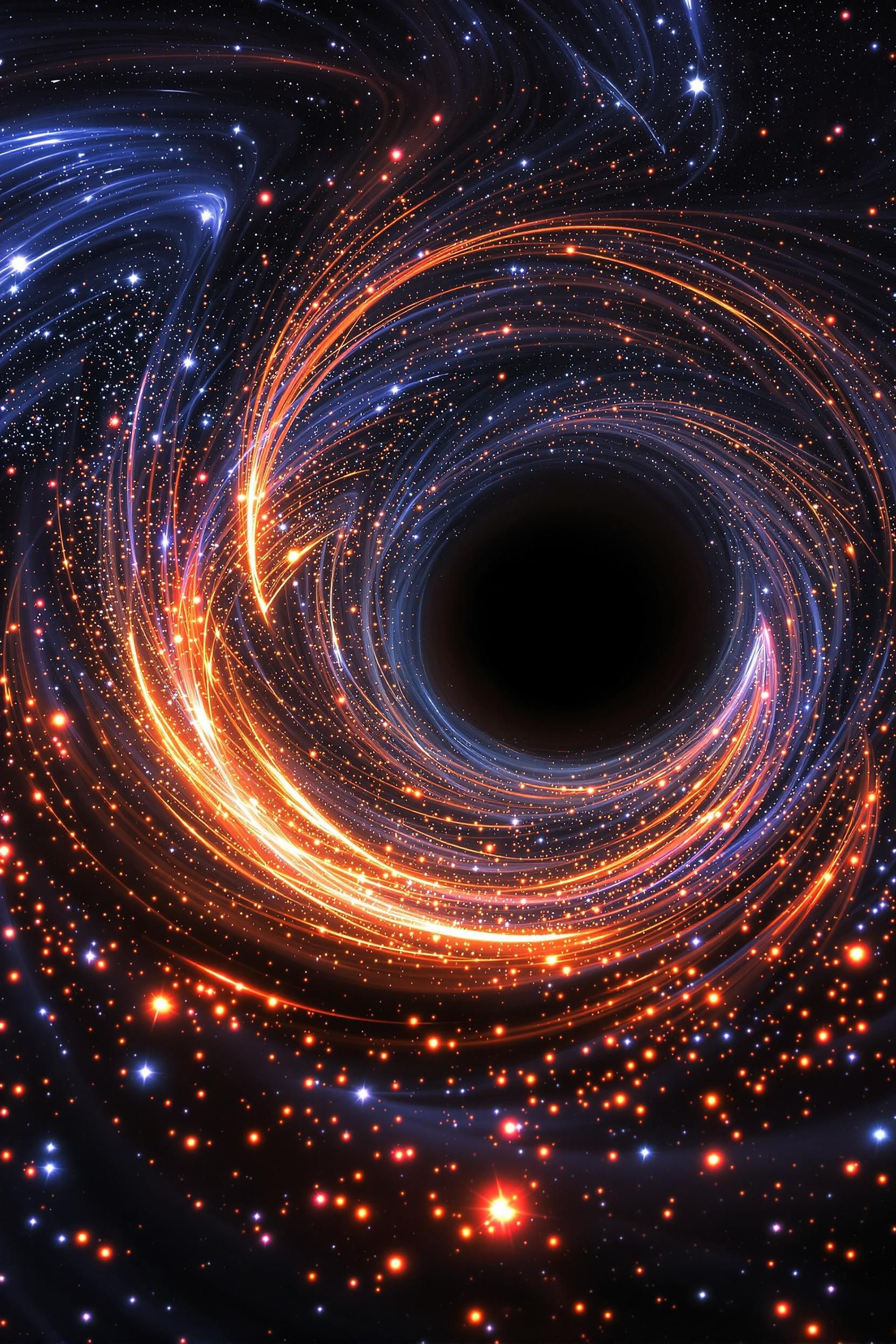 A Black Hole In Space Surrounded By Bright Stars Being Sucked In And Stretched To Infinity