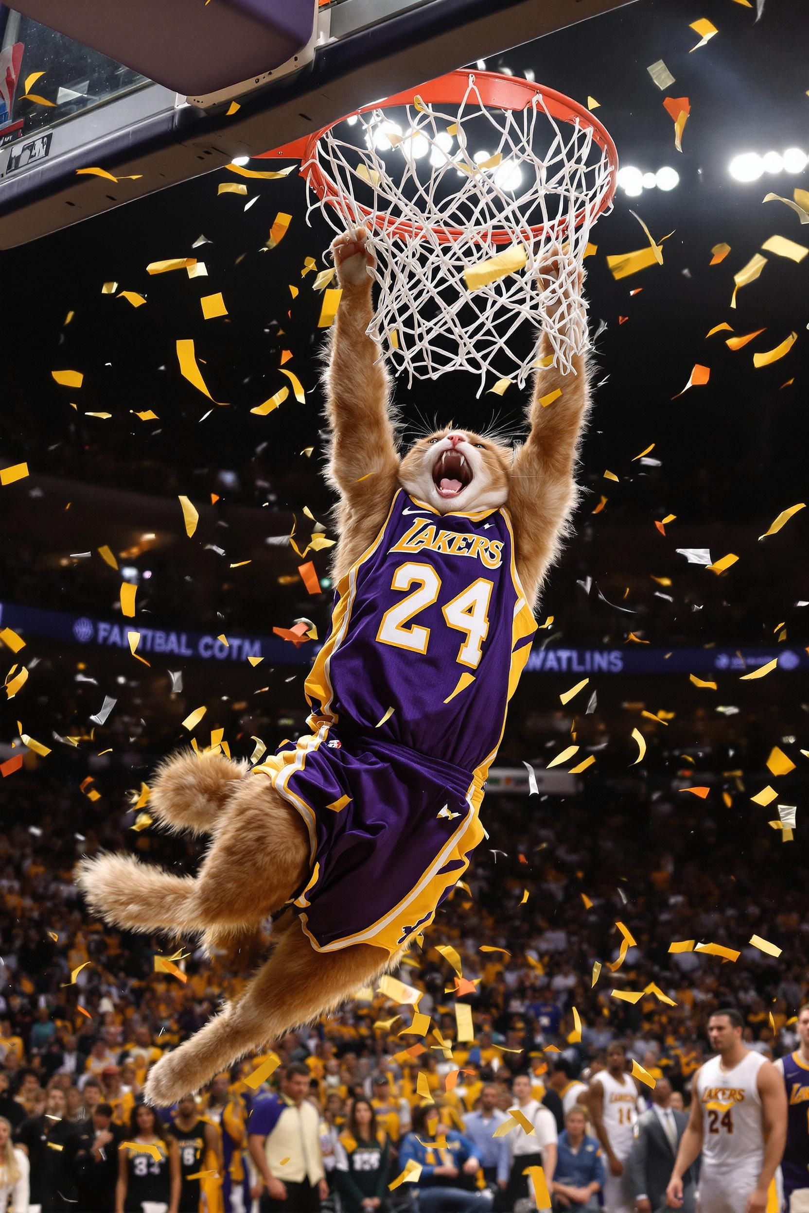 A Cat Dunking A Basketball In An NBA Game With A Jersey On