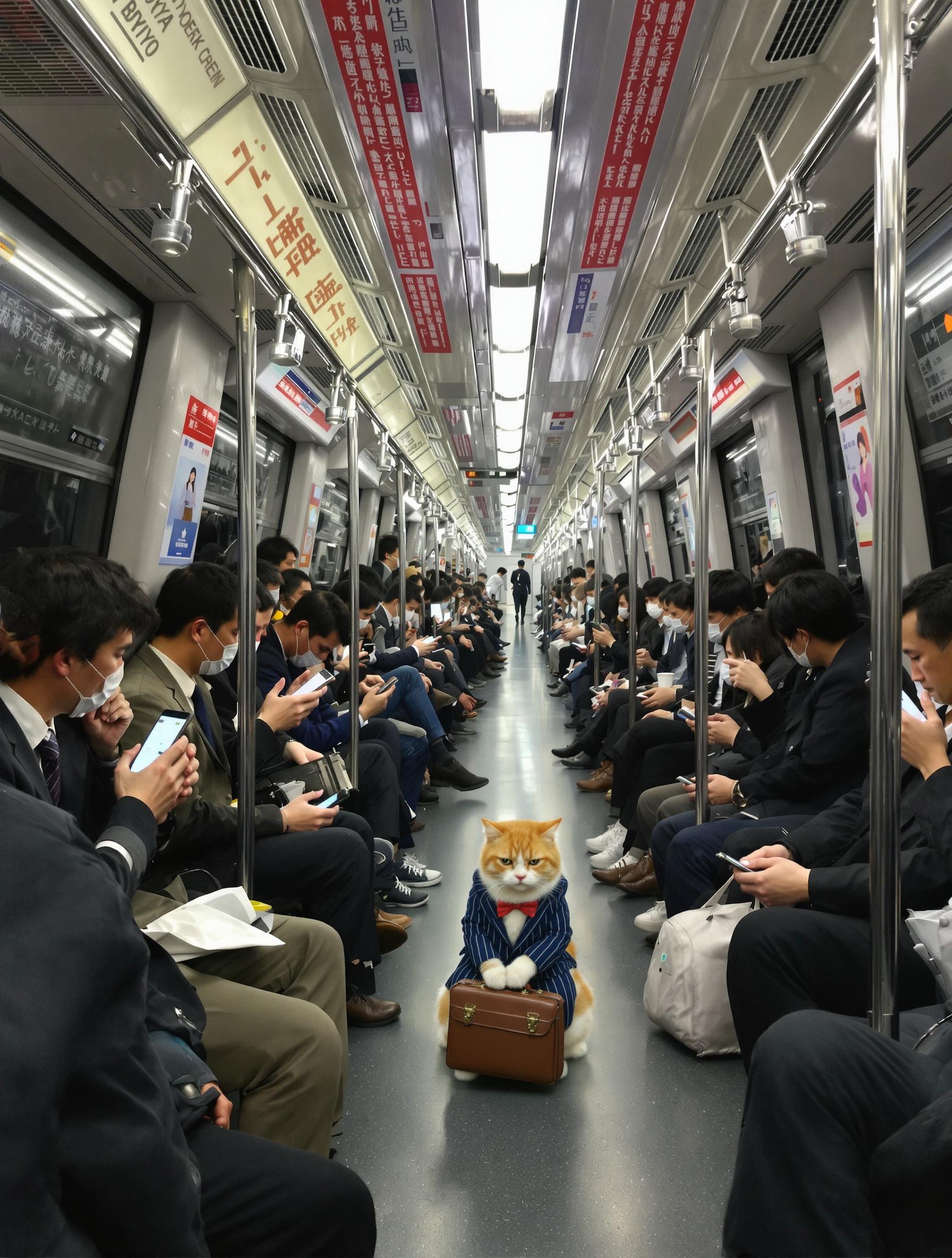 A Cat In A Business Suit Sitting In A Crowded Subway Train During Rush Hour
