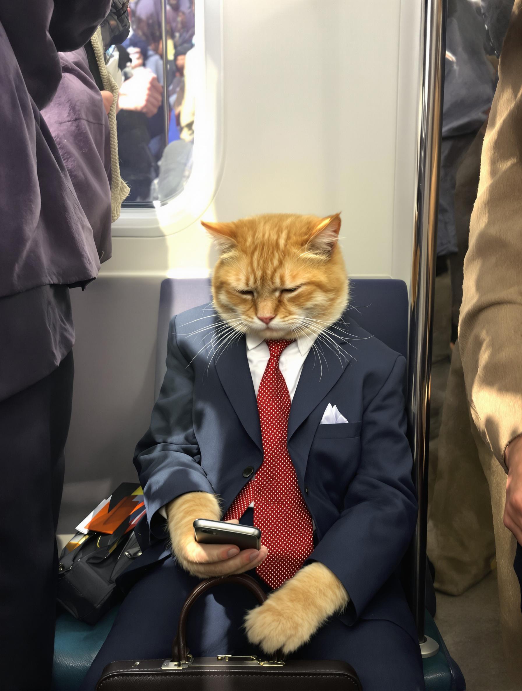 A Cat In A Business Suit Sitting In A Crowded Subway Train During Rush Hour 2