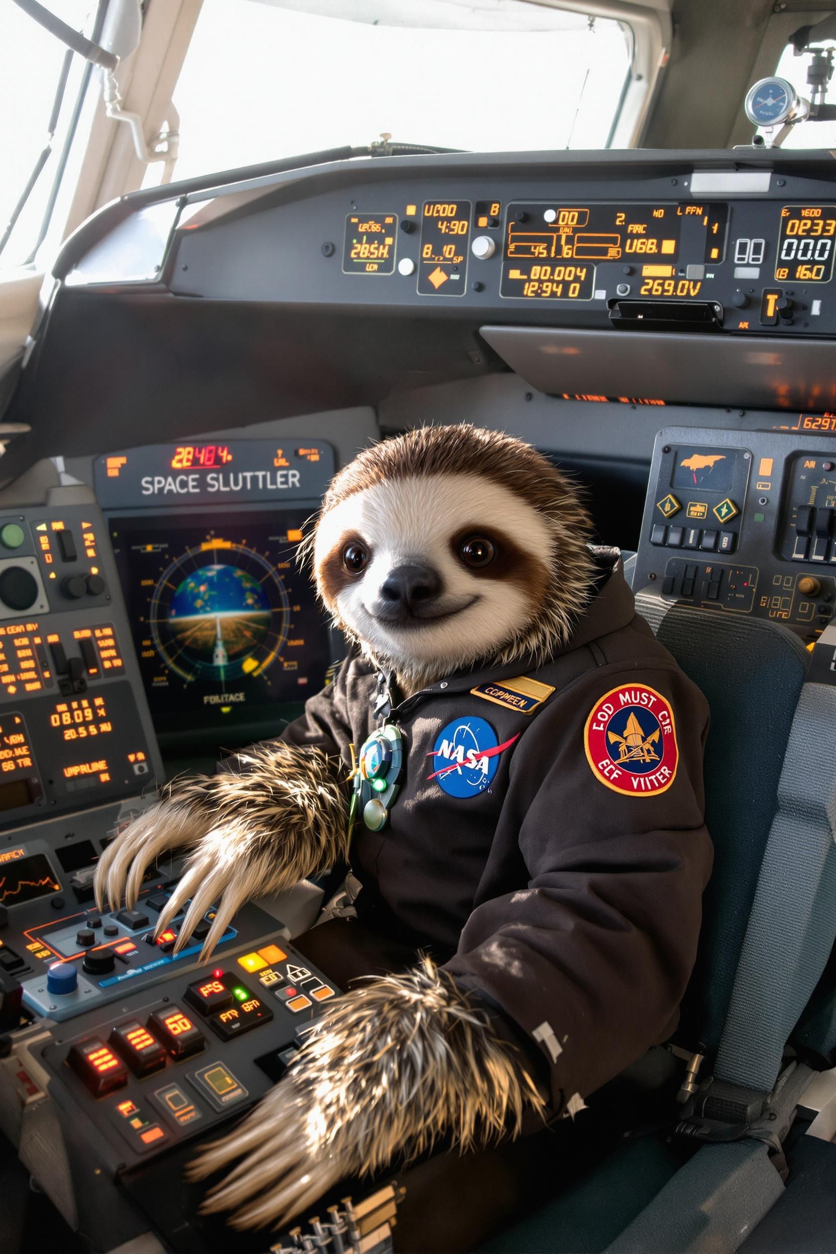 A Cute And Tiny Sloth Captain Inside The Space Shuttle's Control Cockpit
