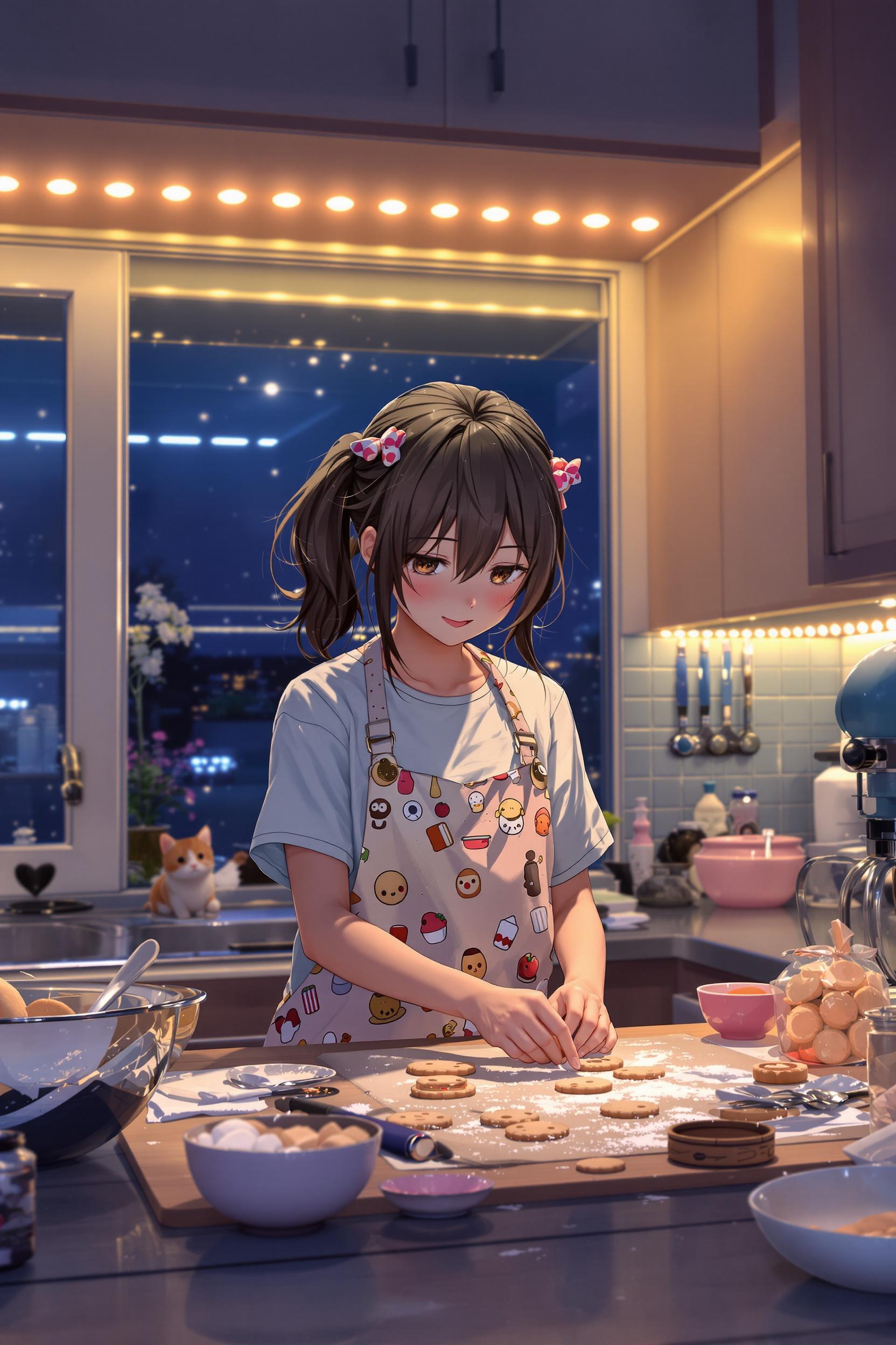 A Cute Anime Lofi Girl Cooking Dinner At Home During The Night
