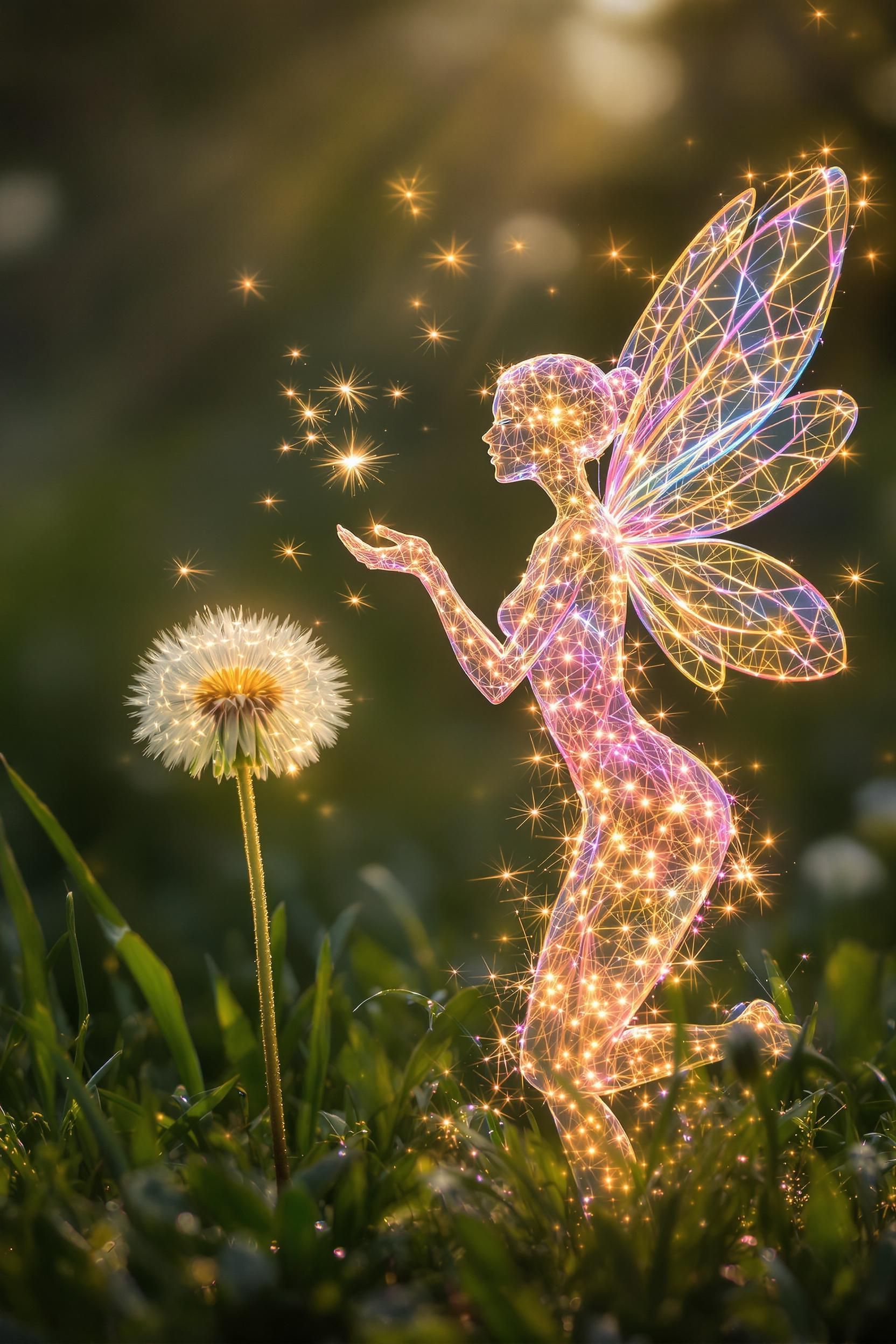 A Fairy Made Of Pure Light Playing With A Dandelion