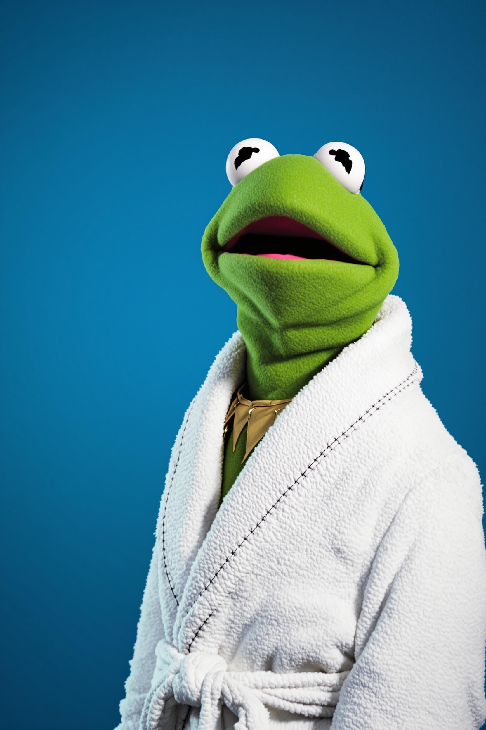 A Fully Enhanced Indoor Studio Shot Of Kermit The Frog Wearing A White Robe
