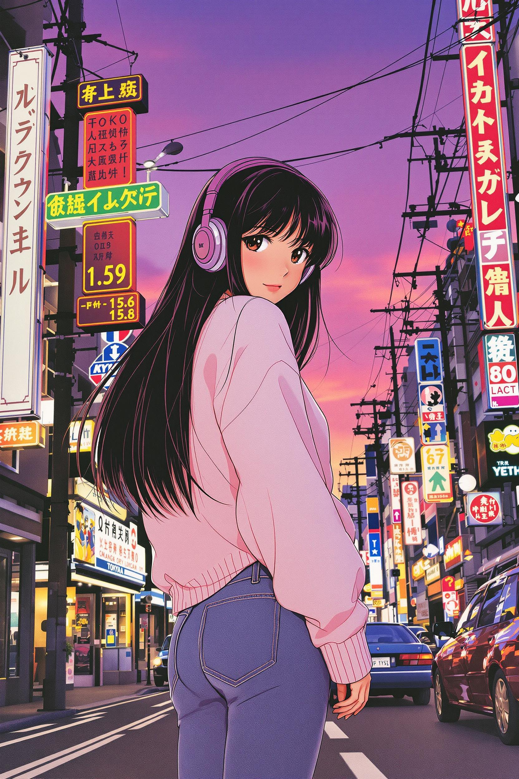 A Girl With Long Straight Hair In 80’s Anime Vintage Style