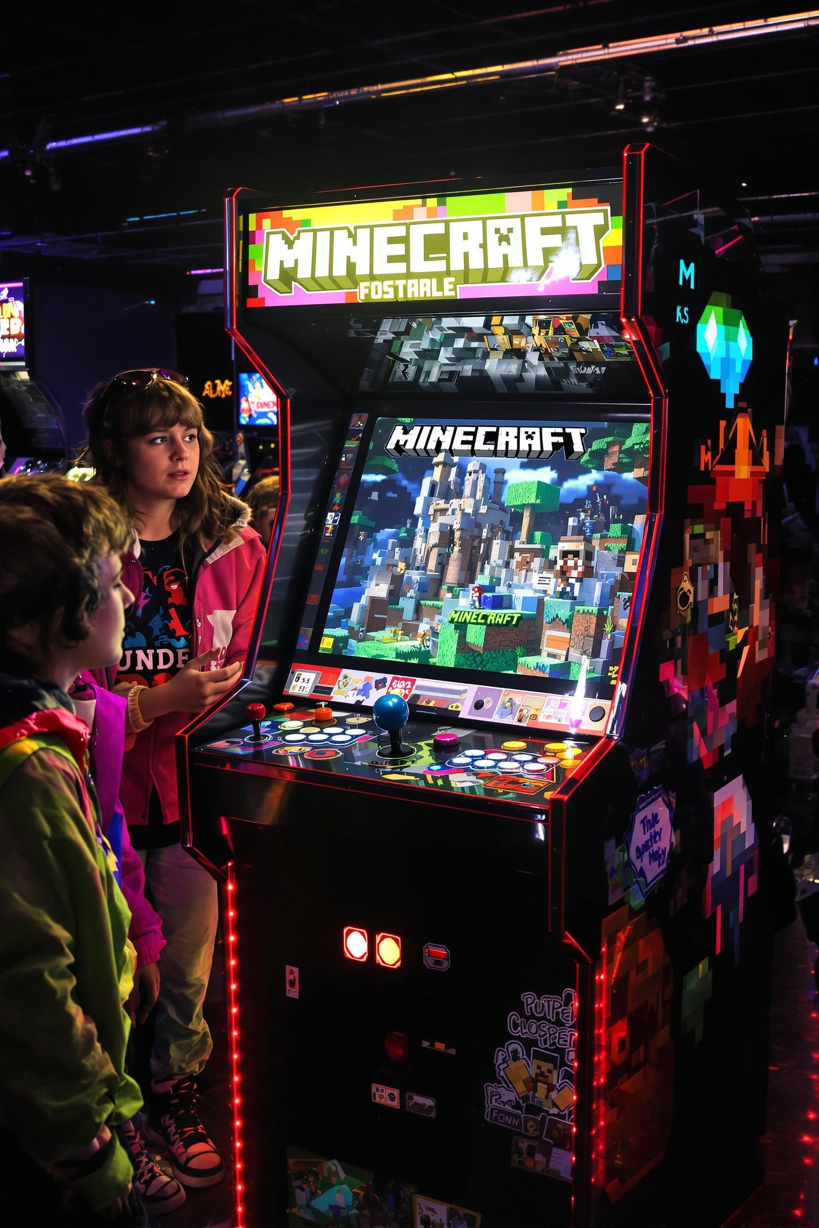 A Group Gathers Eagerly Around A Brightly Lit 1980s-style Arcade Cabinet In The Middle Of A Bust
