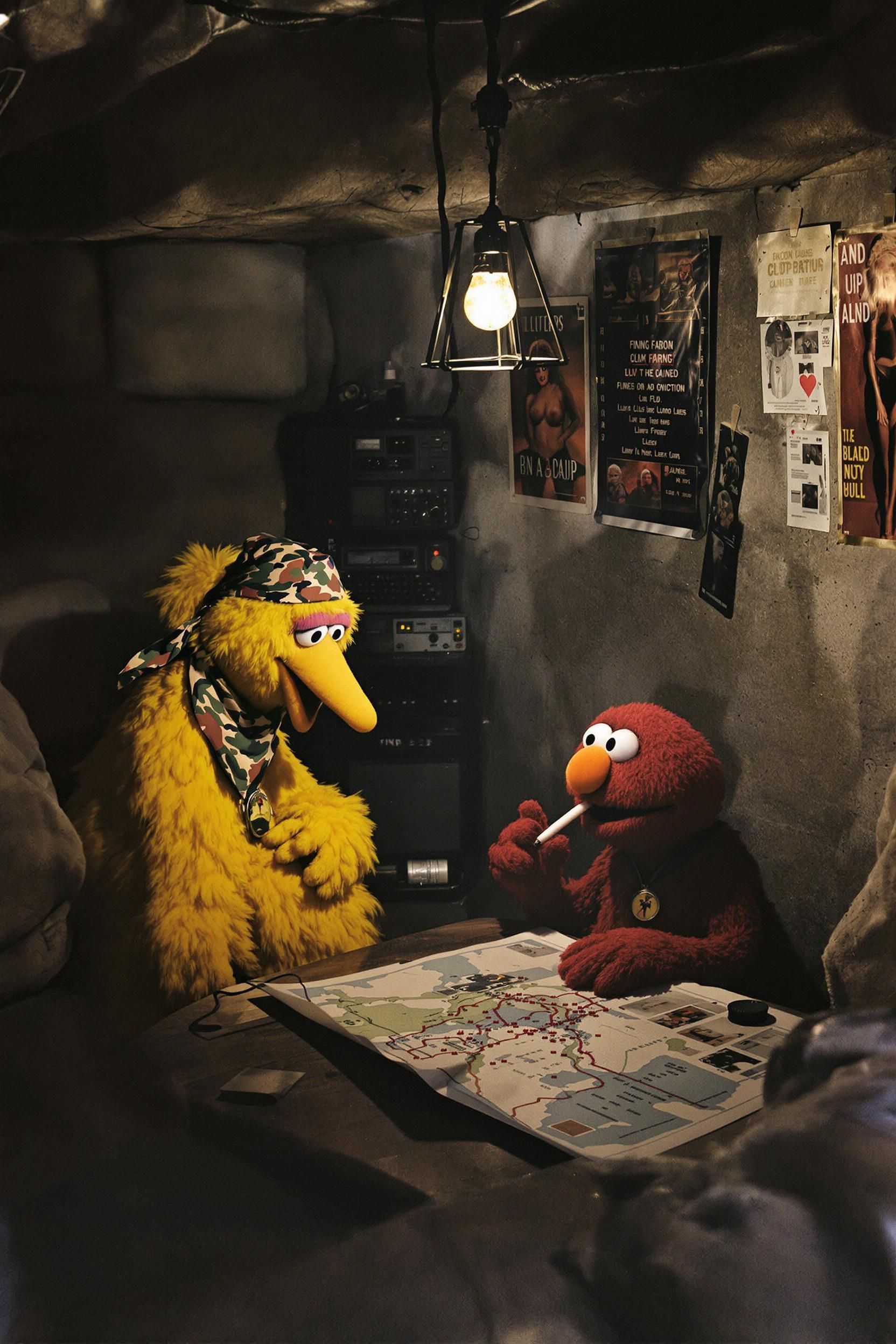 A Grungy Photo Of Big Bird And Elmo Shown During A Tour Of Duty In Vietnam 1968 As They Fight