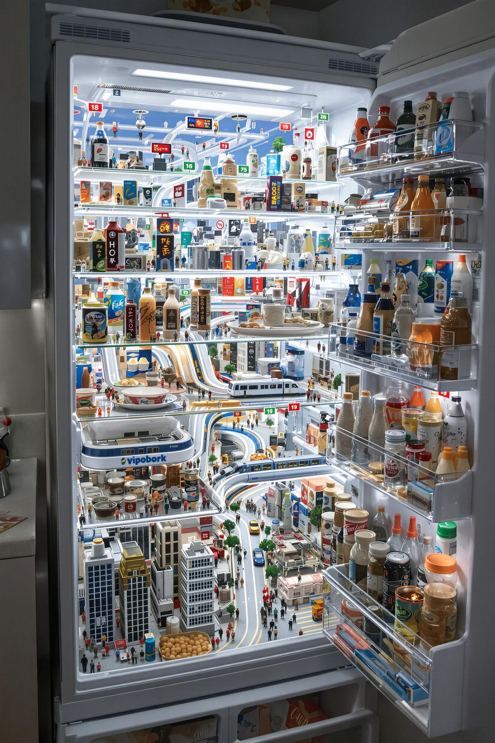 A Hyper-realistic Photo Of An Ordinary Refrigerator Opened To Reveal A Miniature