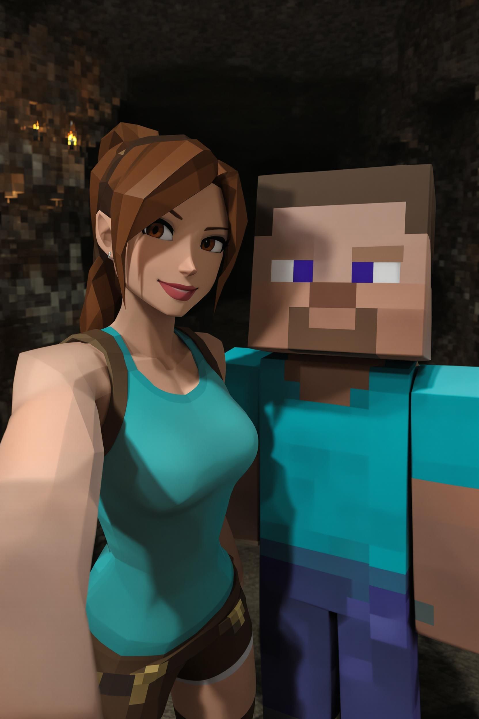 A Lowpoly Lara Croft Is Standing Next To A Blocky Steve From Minecraft
