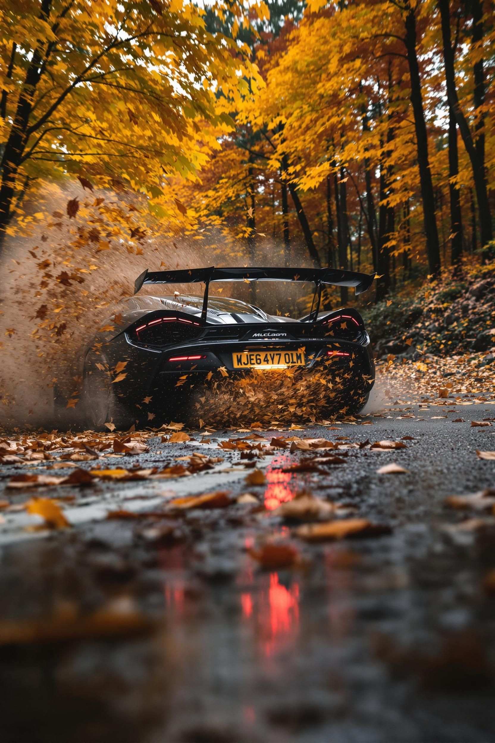 A Matte Black Sports Car Tears Through A Dense Autumn Forest