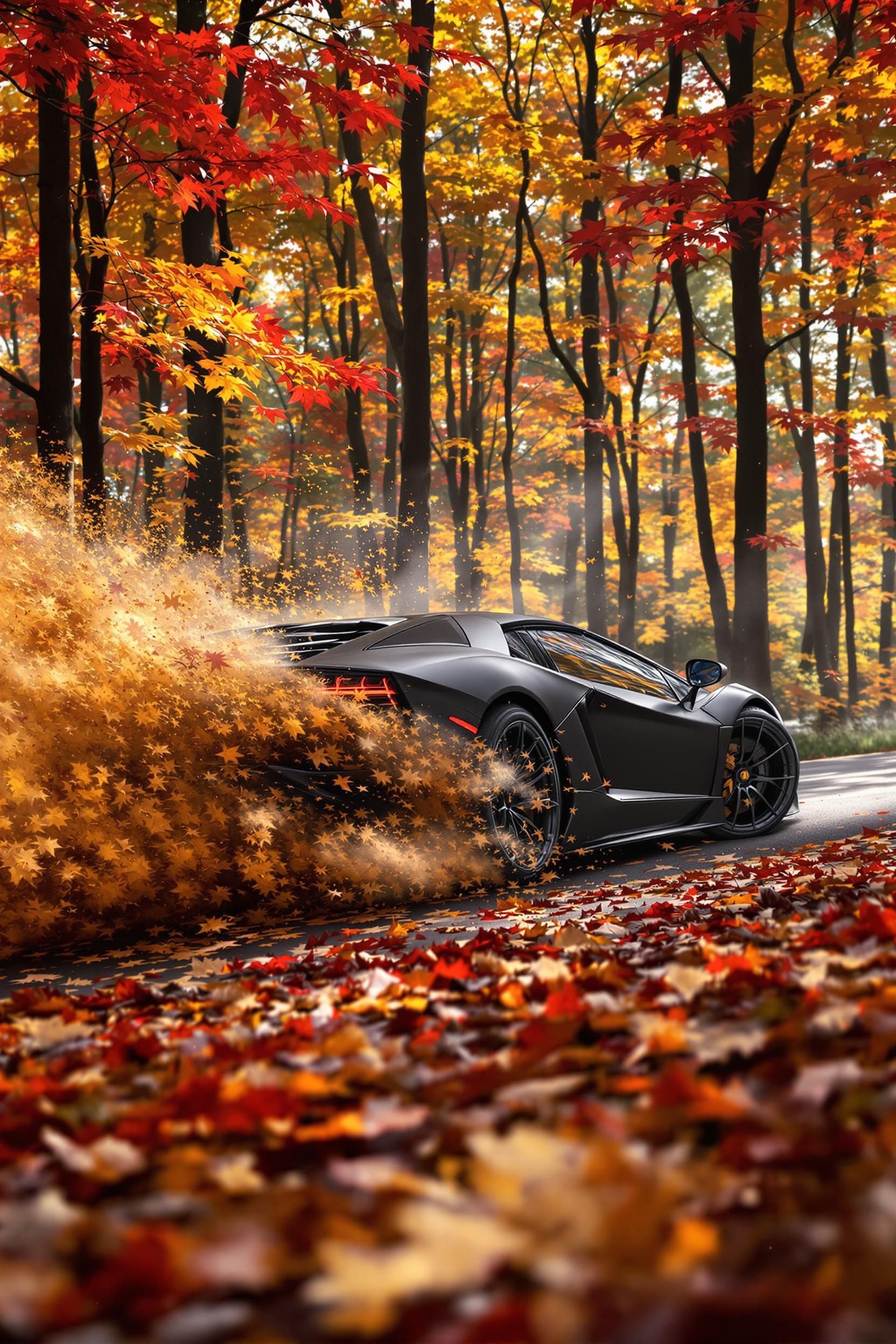 A Matte Black Sports Car Tears Through A Dense Autumn Forest 2