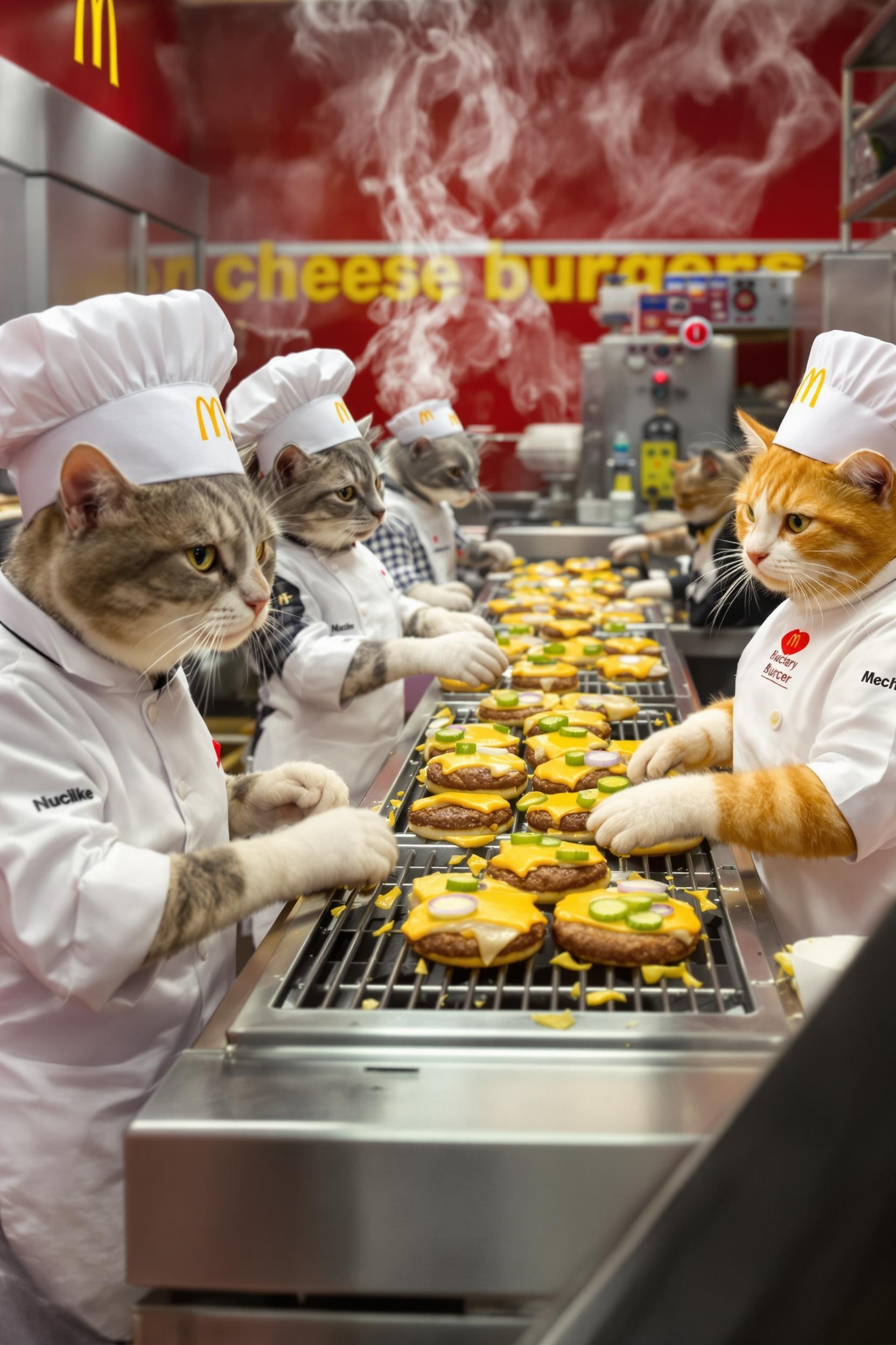 A Mc Donalds Restaurant Interior Shot Run By Anthropomorphic Cute Little Cats Wearing McDonalds