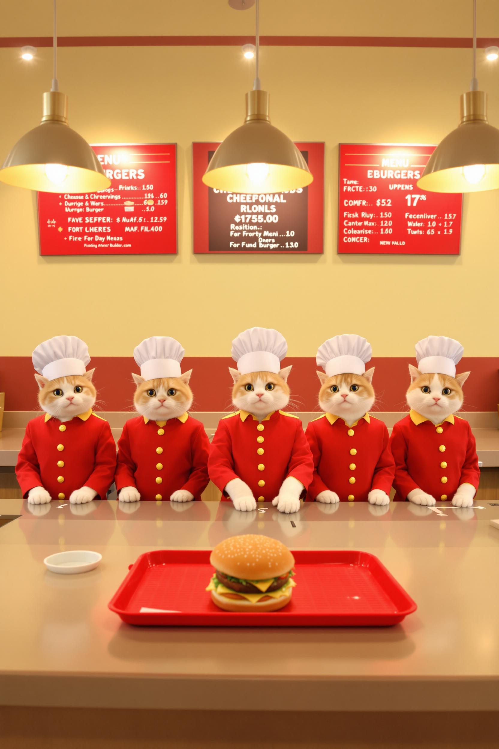 A Mc Donalds Restaurant Interior Shot Run By Anthropomorphic Cute Little Cats Wearing McDonalds