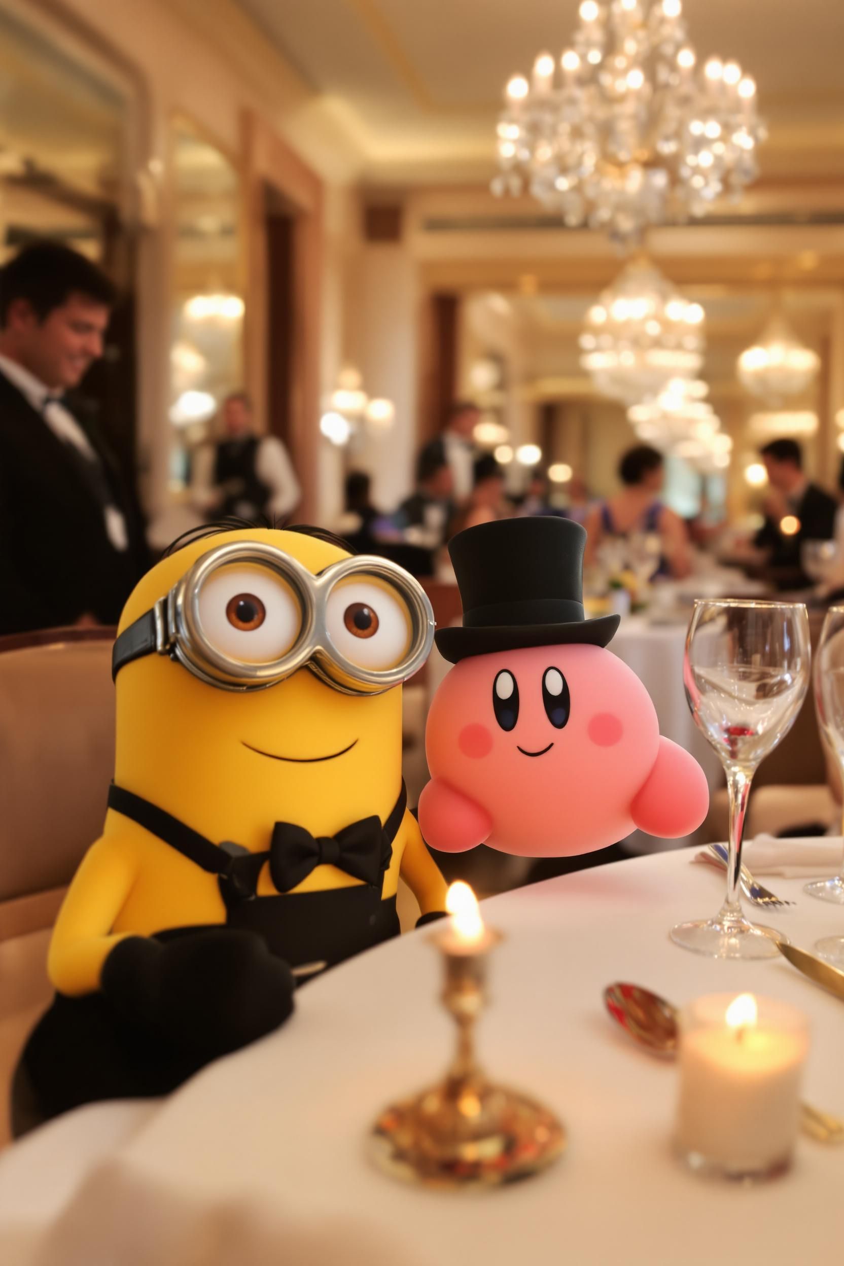 A Minion And Kirby Taking A Photo Together