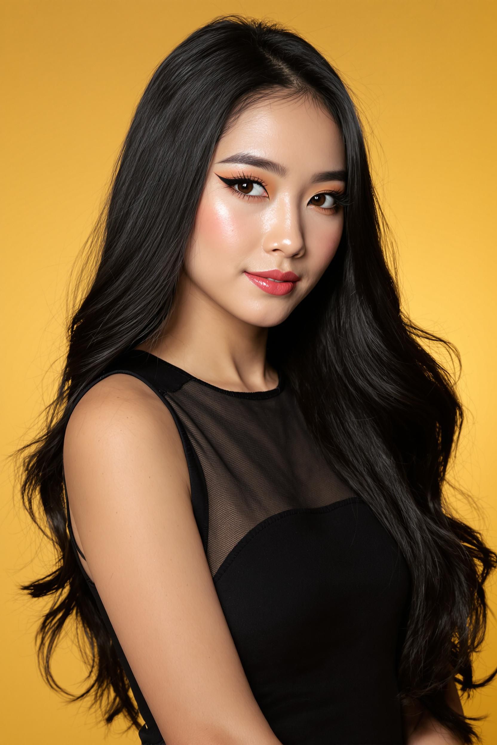 A Photo Of A 22-year-old Slim Asian Busty Woman With A Caramel Complexion