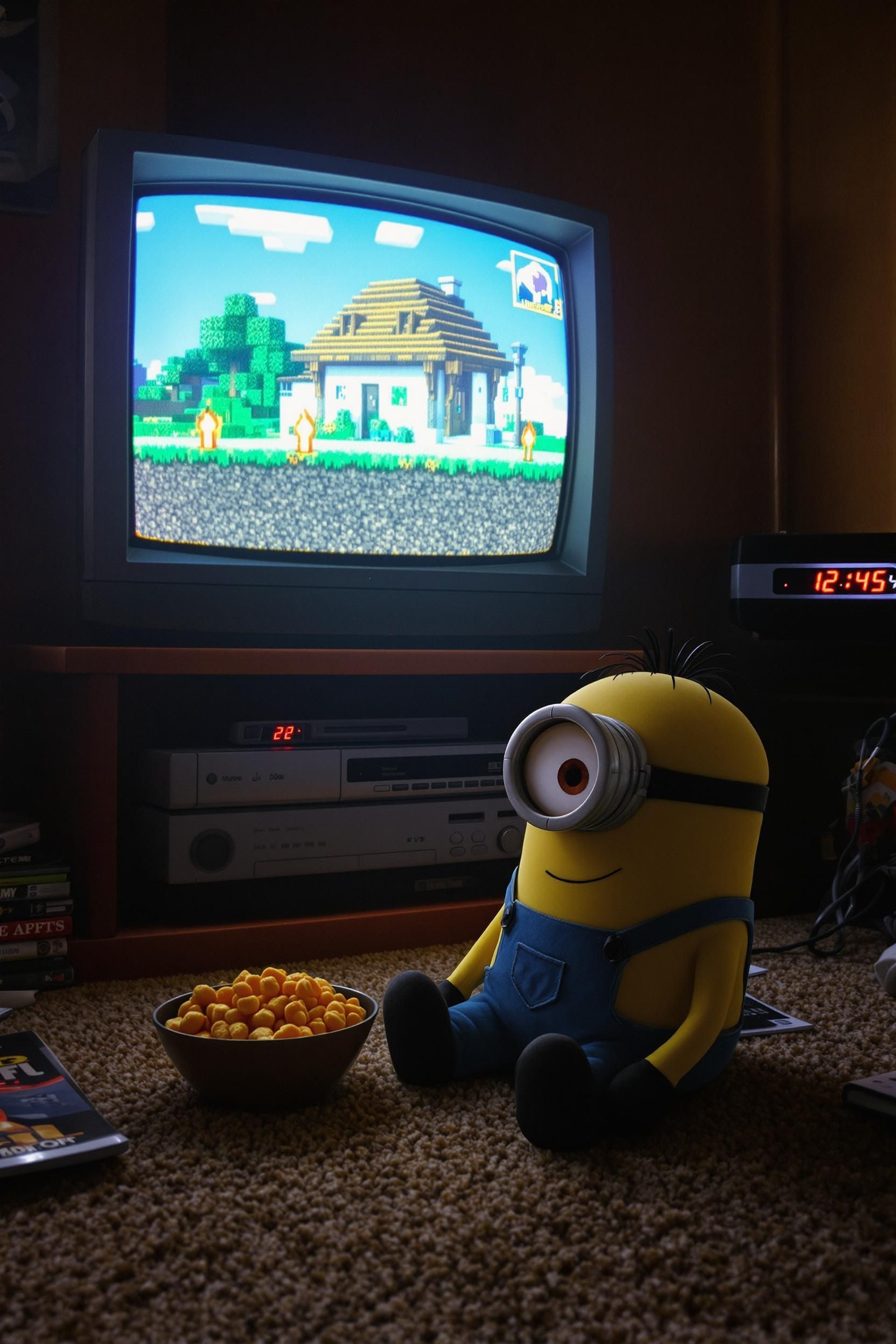 A Portrait Of A Minion (from Despicable Me & Minions) Playing Minecraft Aronud A TV