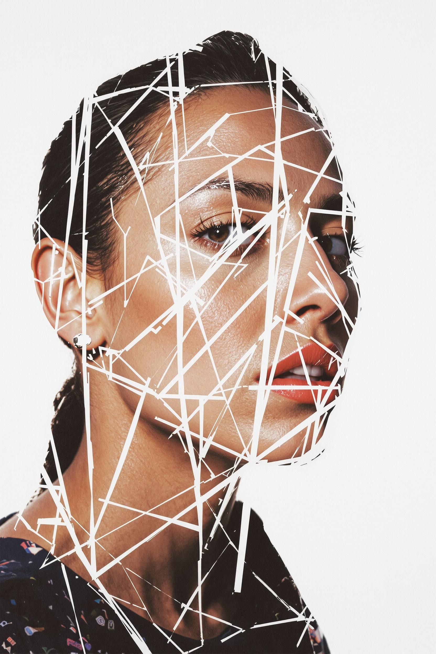 A Portrait Photo Double Exposed With A Thick White Marker Single Line Sketch