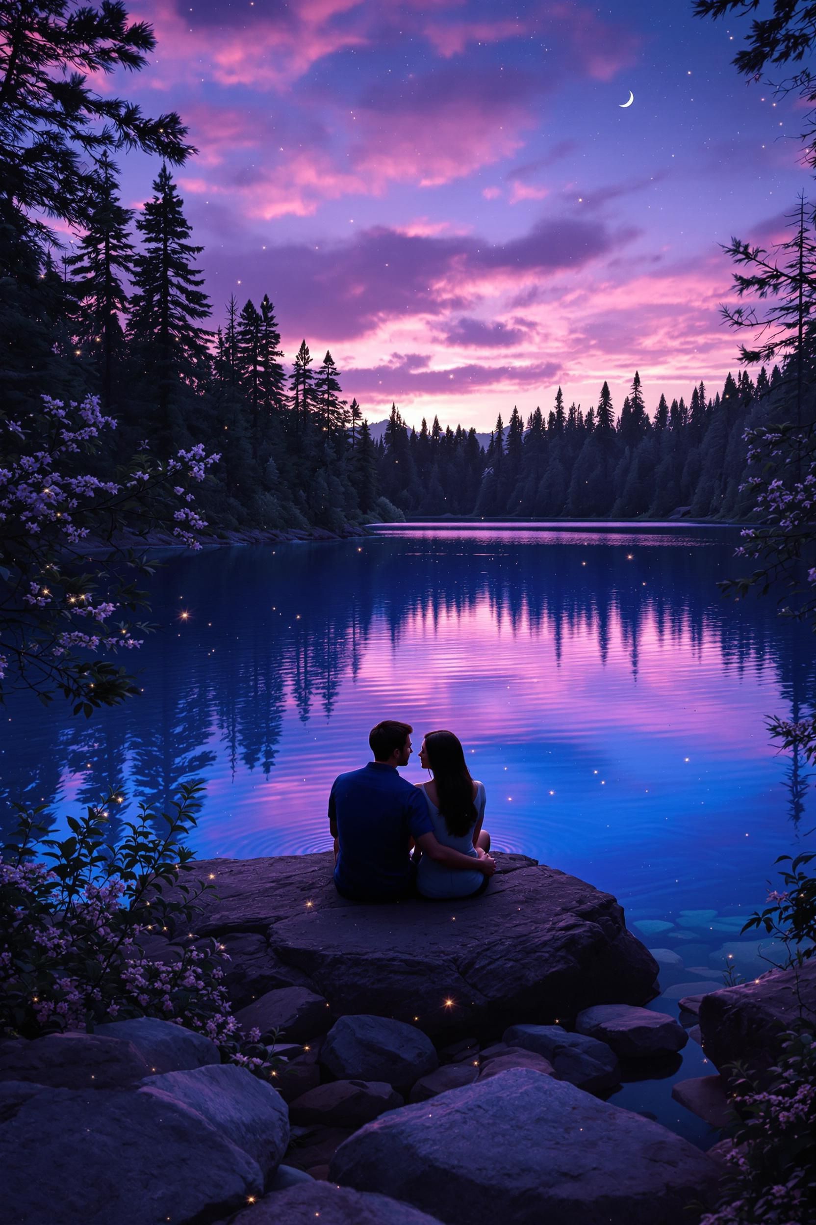 A Realistic Cinematic 8K Image Of A Couple Sitting Close Together Beside A Quiet Forest Lake At 