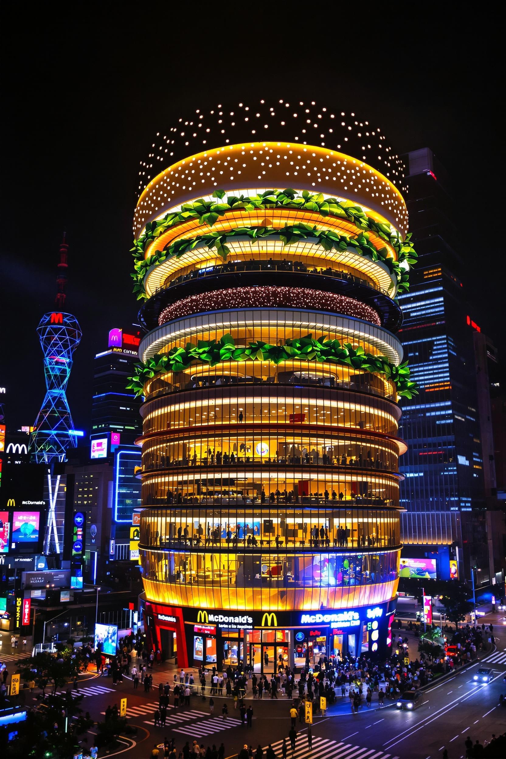 A Realistic Giant Hamburger-shaped Multi-level Pop-up Store On A Busy City Street