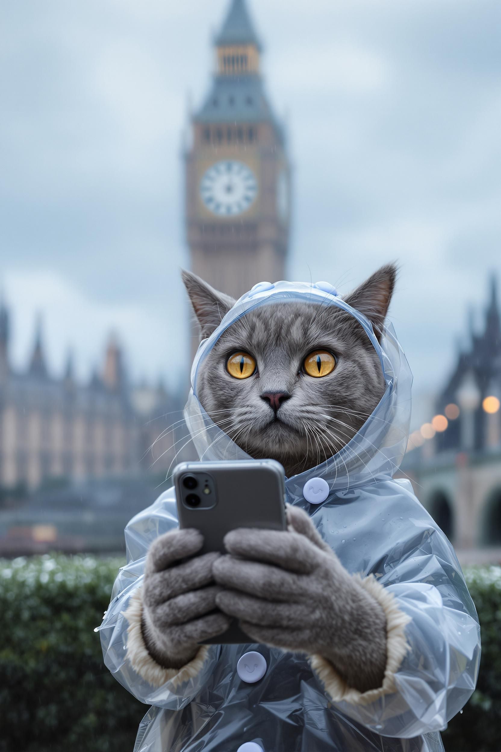 A Realistic Gray Cat Taking A Selfie In Front Of Big Ben In London