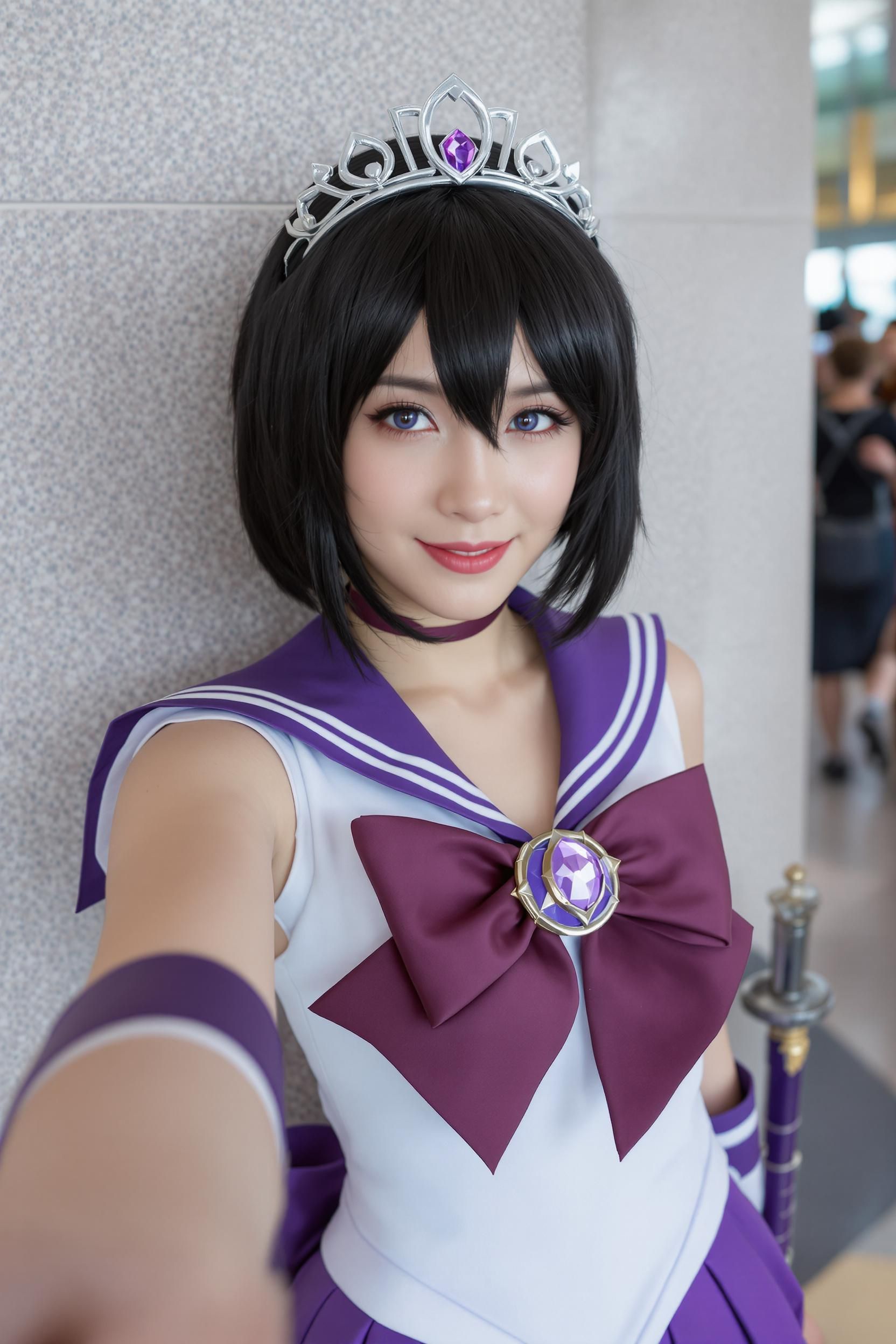 A Realistic Selfie-style Portrait Of A Woman Cosplaying As Sailor Saturn