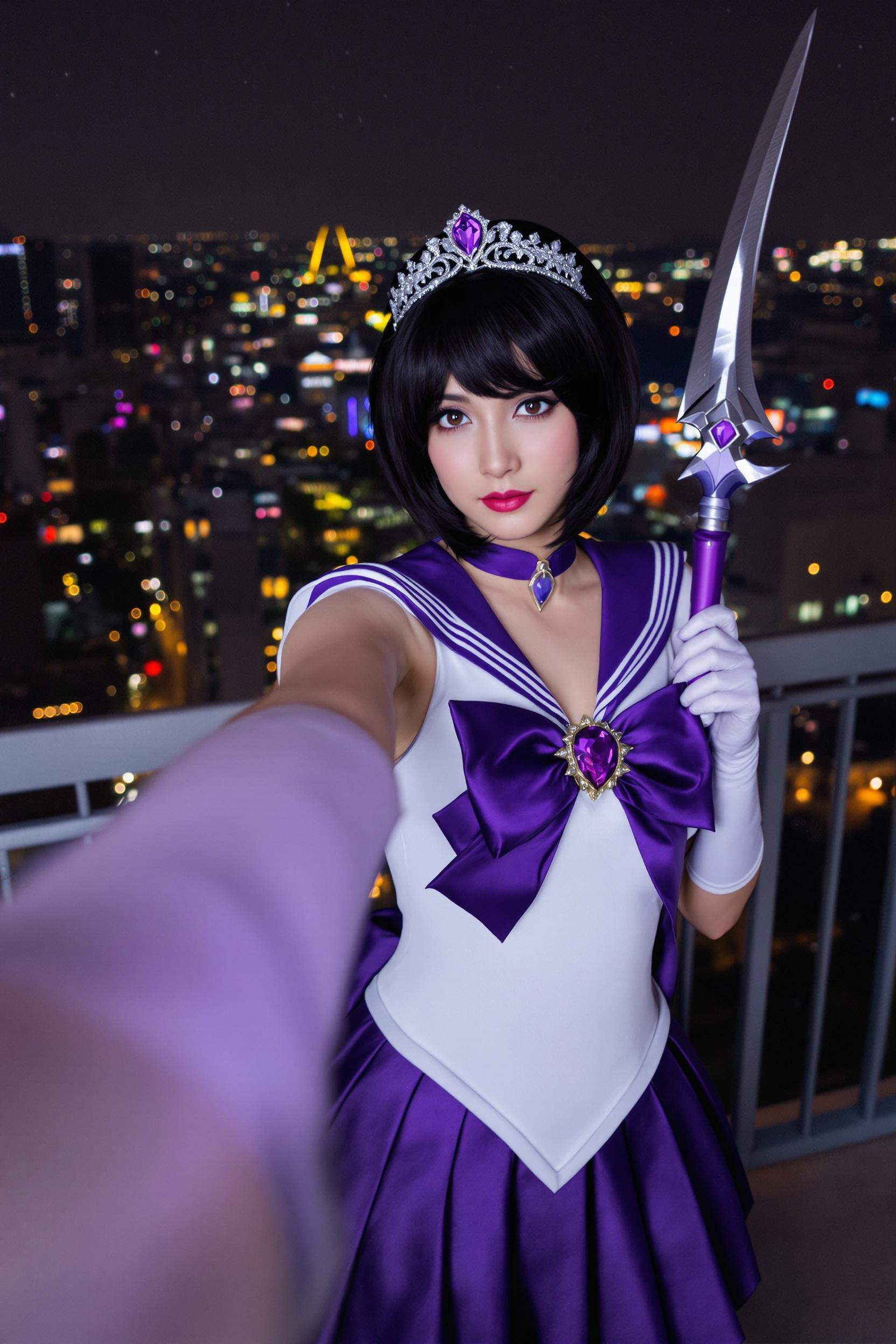 A Realistic Selfie-style Portrait Of A Woman Cosplaying As Sailor Saturn