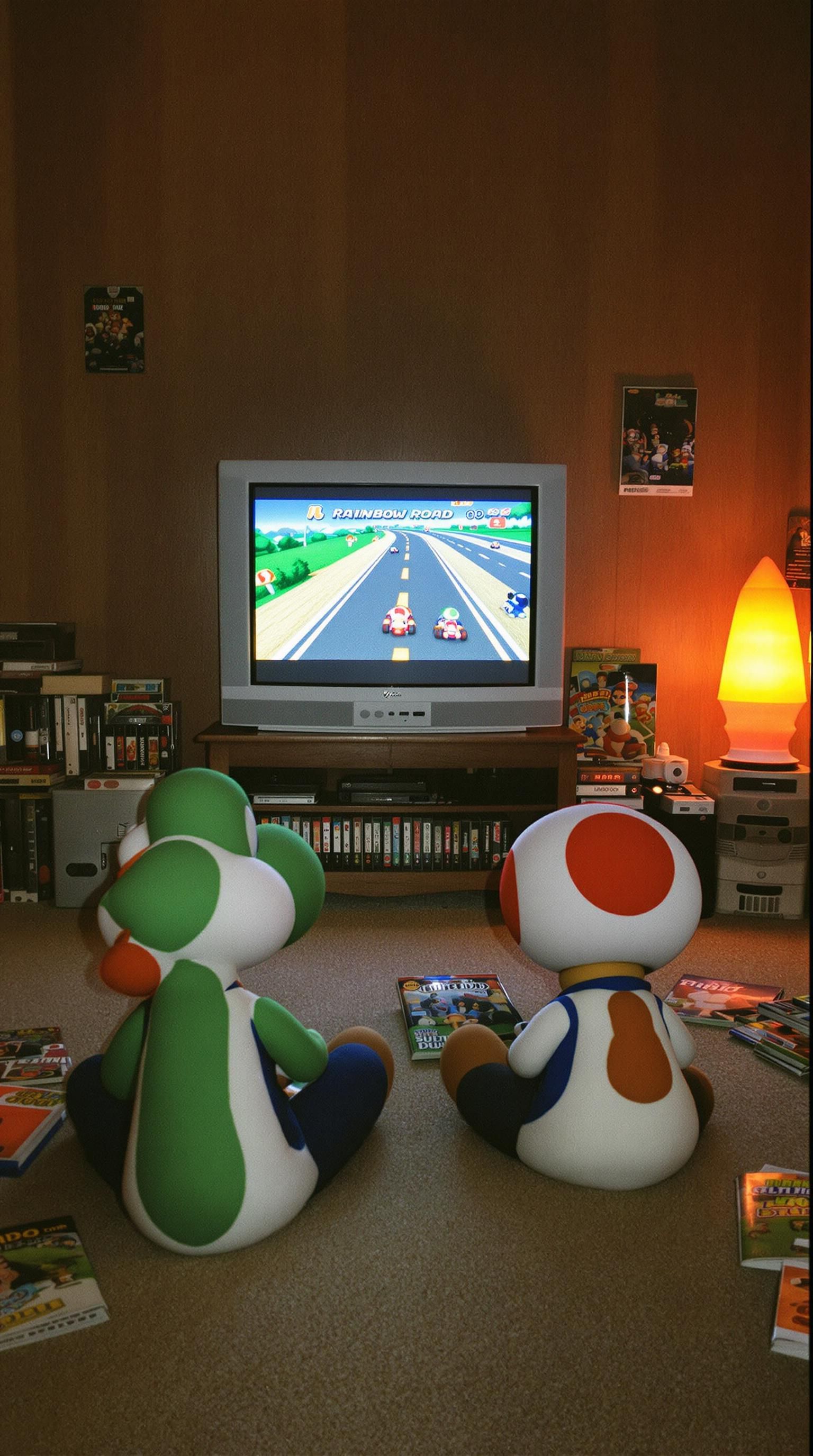 A Rear Photo Of Yoshi And Toad Playing Video Games Together In A Nostalgic 90's Living Room