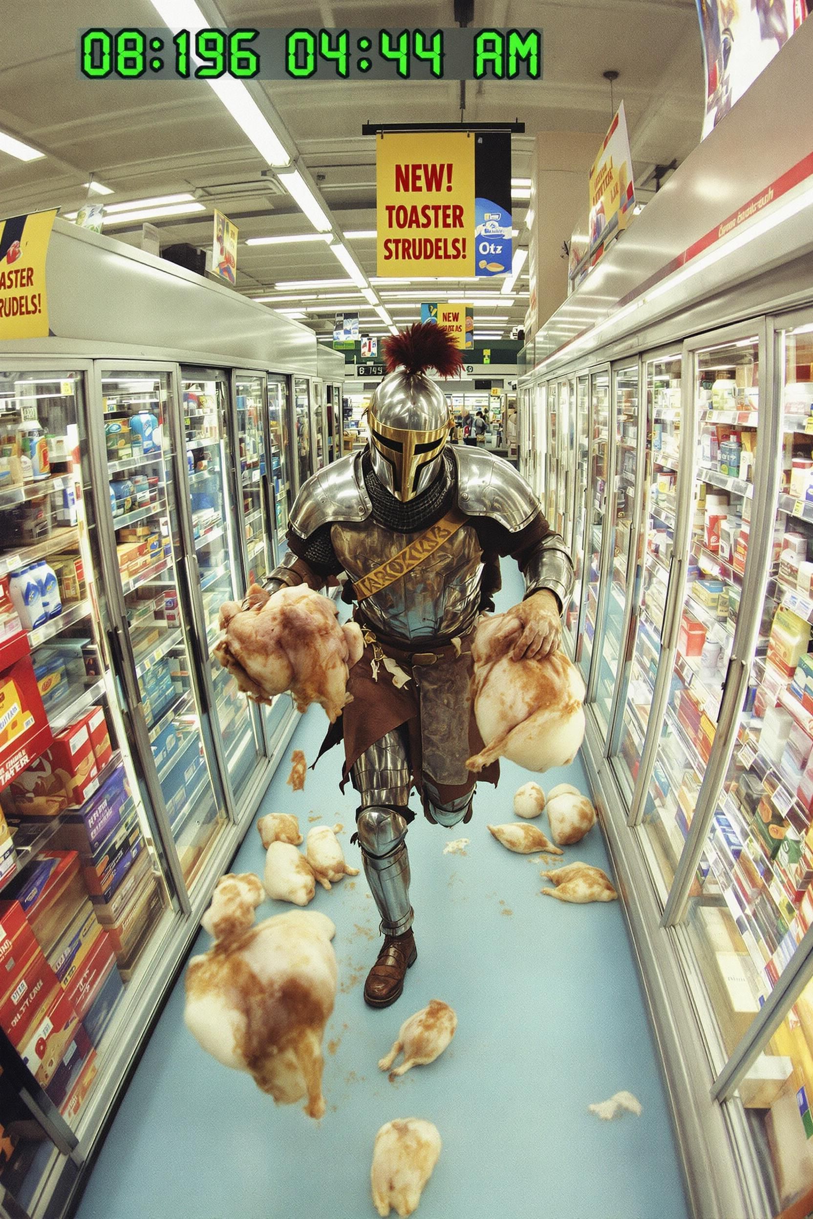 A Security Cam Still From A 1990s Grocery Store Showing A Man In Full Medieval Armor Stealing Ro 2