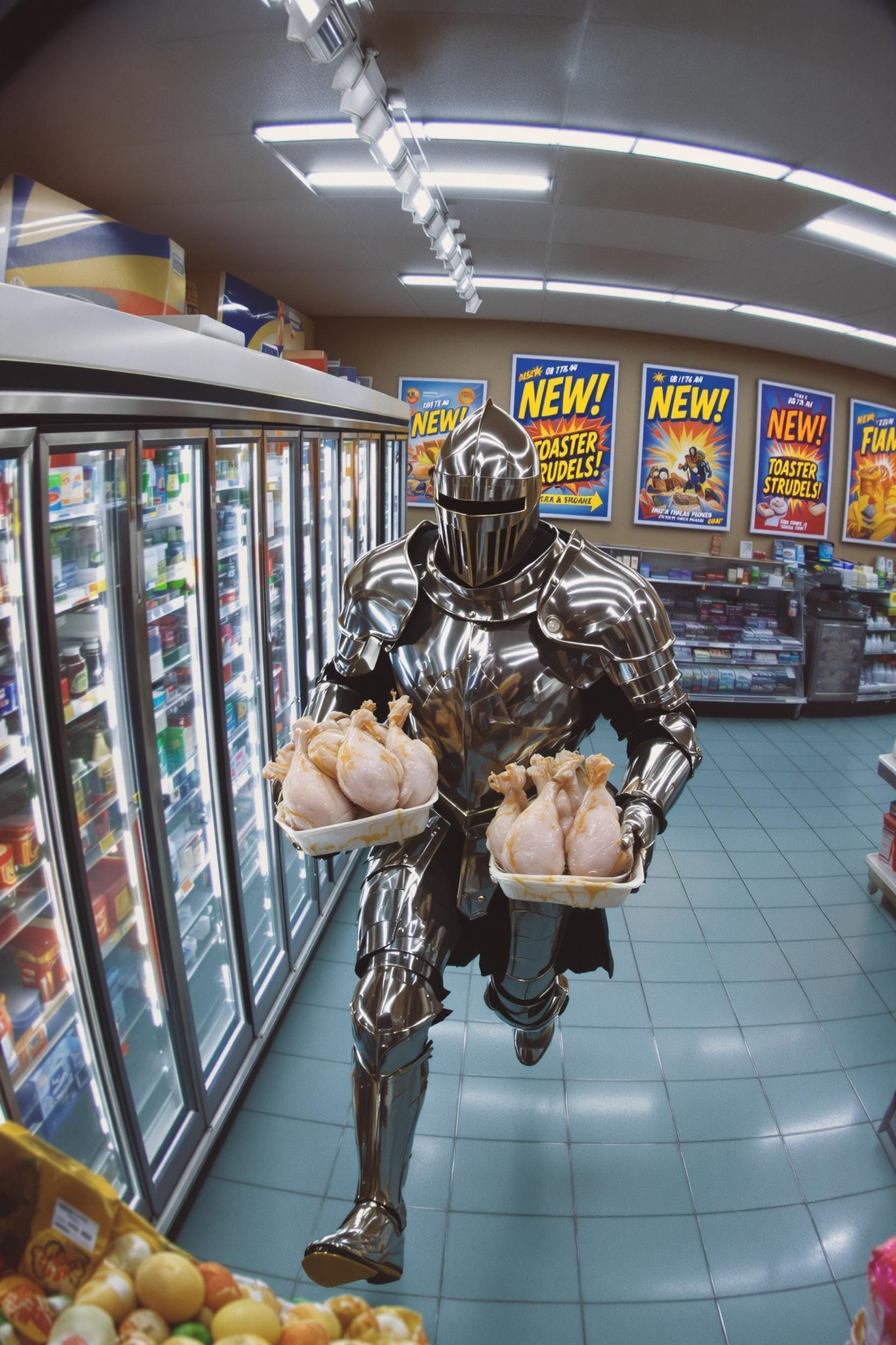 A Security Cam Still From A 1990s Grocery Store Showing A Man In Full Medieval Armor Stealing Ro