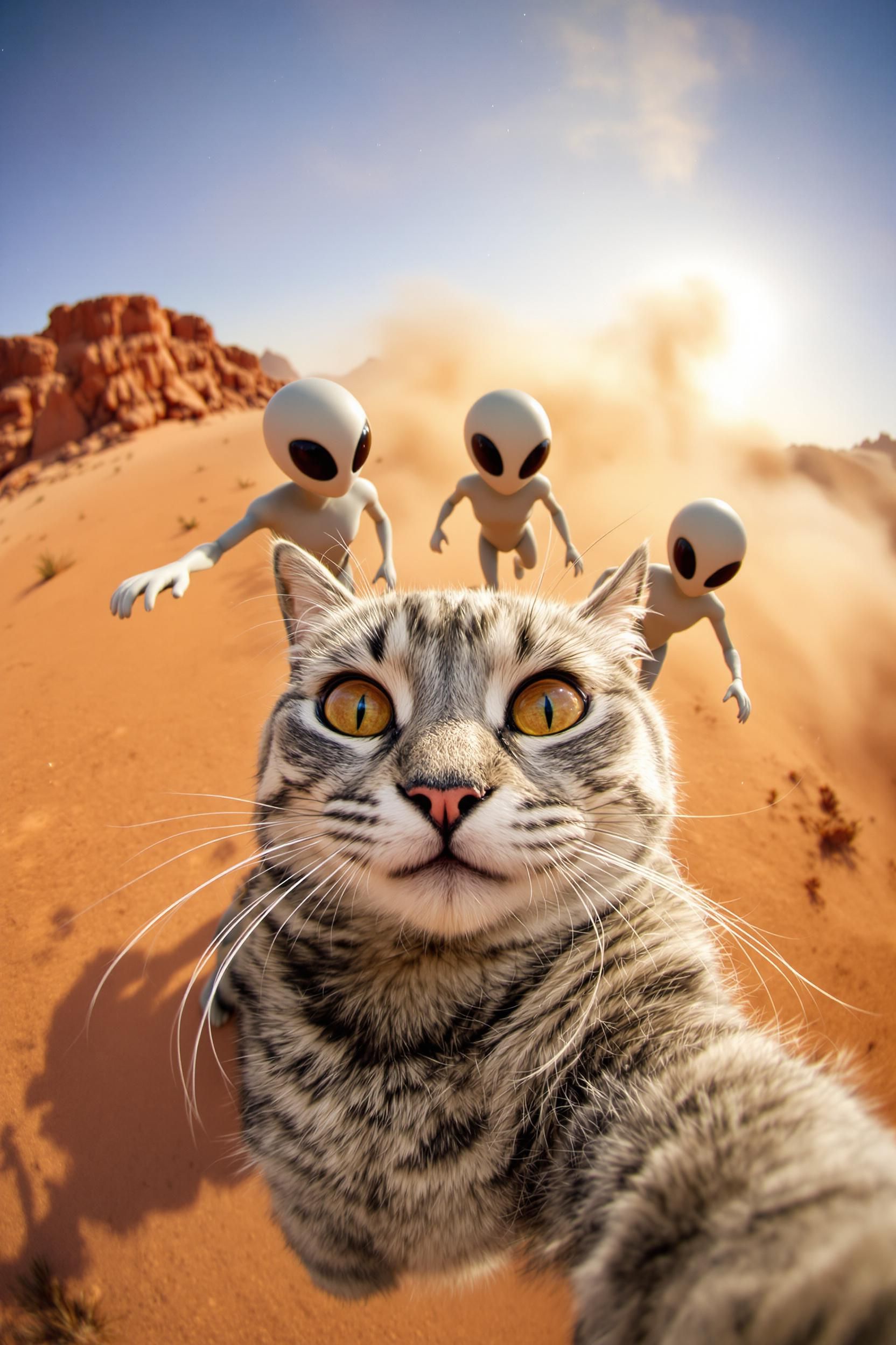 A Silver Tabby British Shorthair Cat Takes A Selfie Close-up With Wide