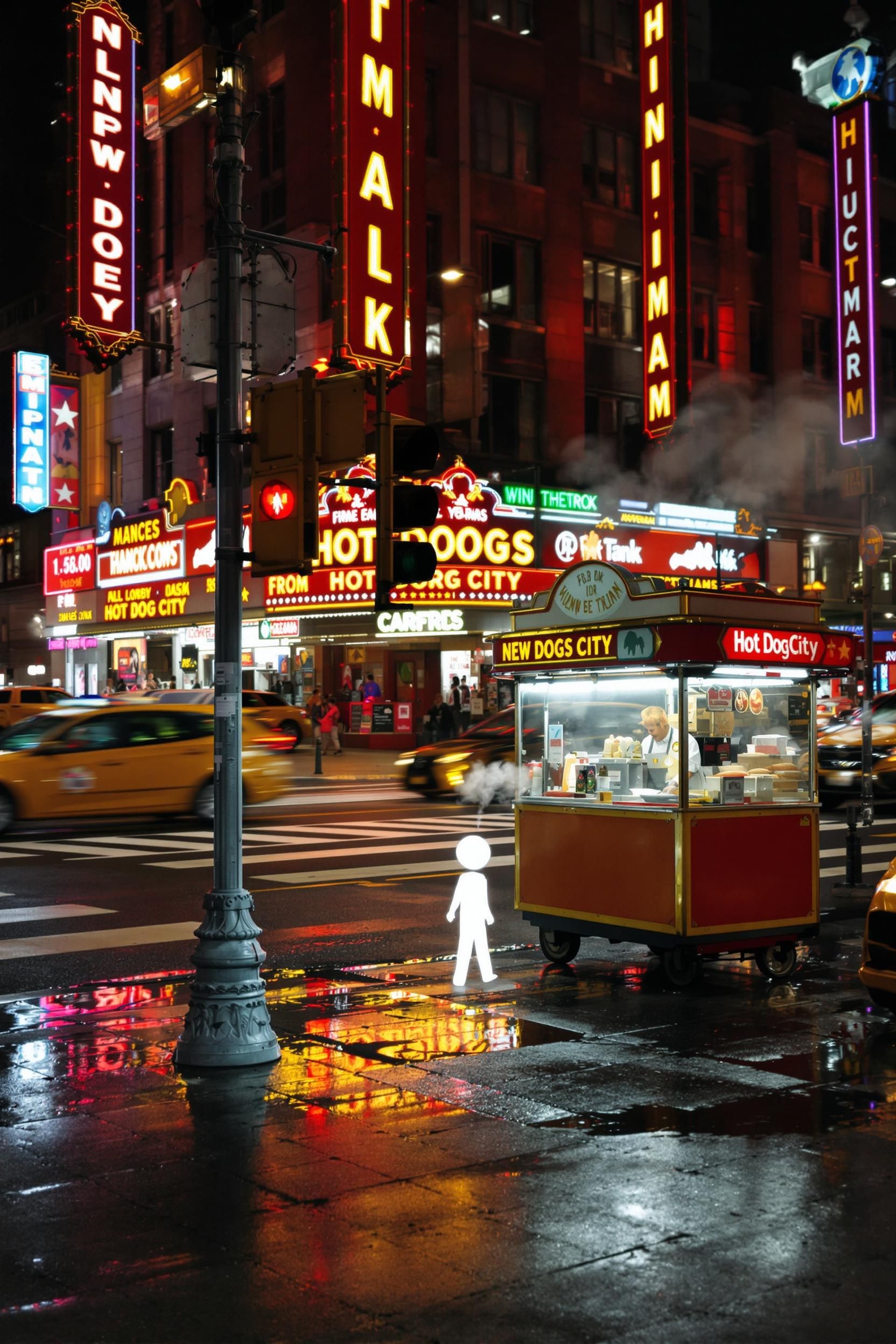 A Small (about 1 Foot) Glowing White Stick Figure Walks Off A Pedestrian Signal Light And Explor