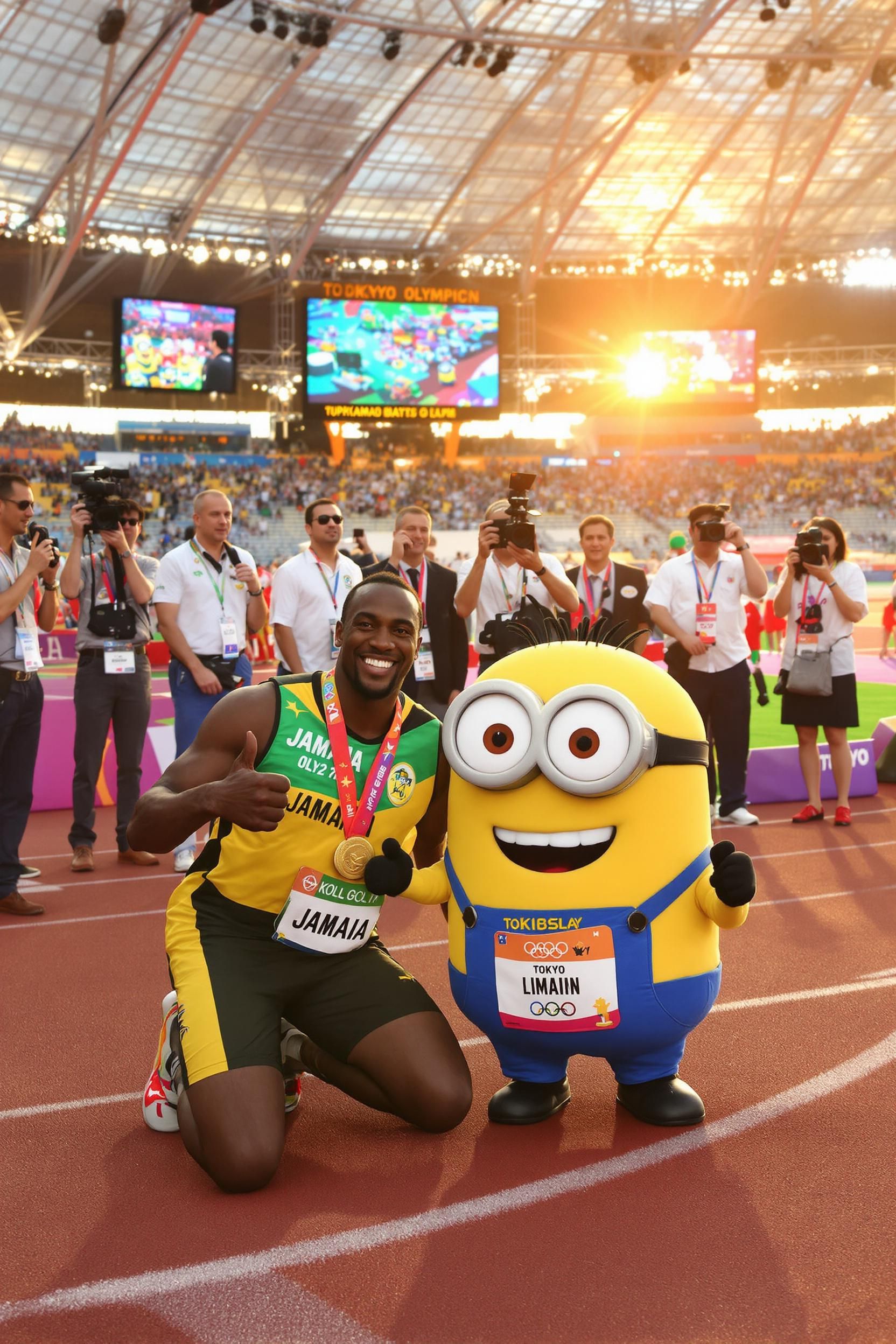A Sports Photograph Of A Minion Runs Against Usain Bolt At The Olympics In Tokyo