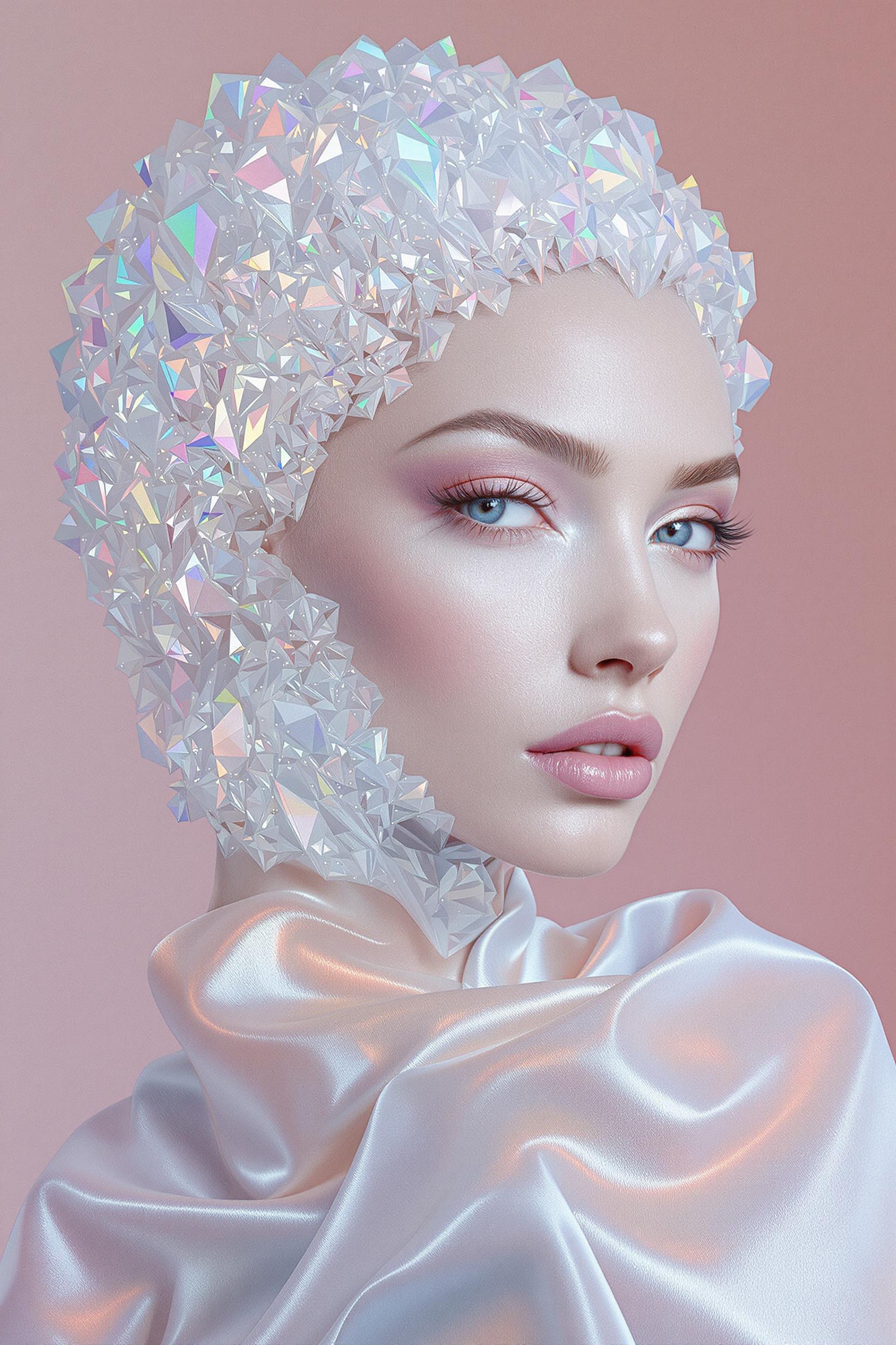 A Surreal Portrait Of A Woman With Translucent Crystal Hair And Pearl-textured Skin