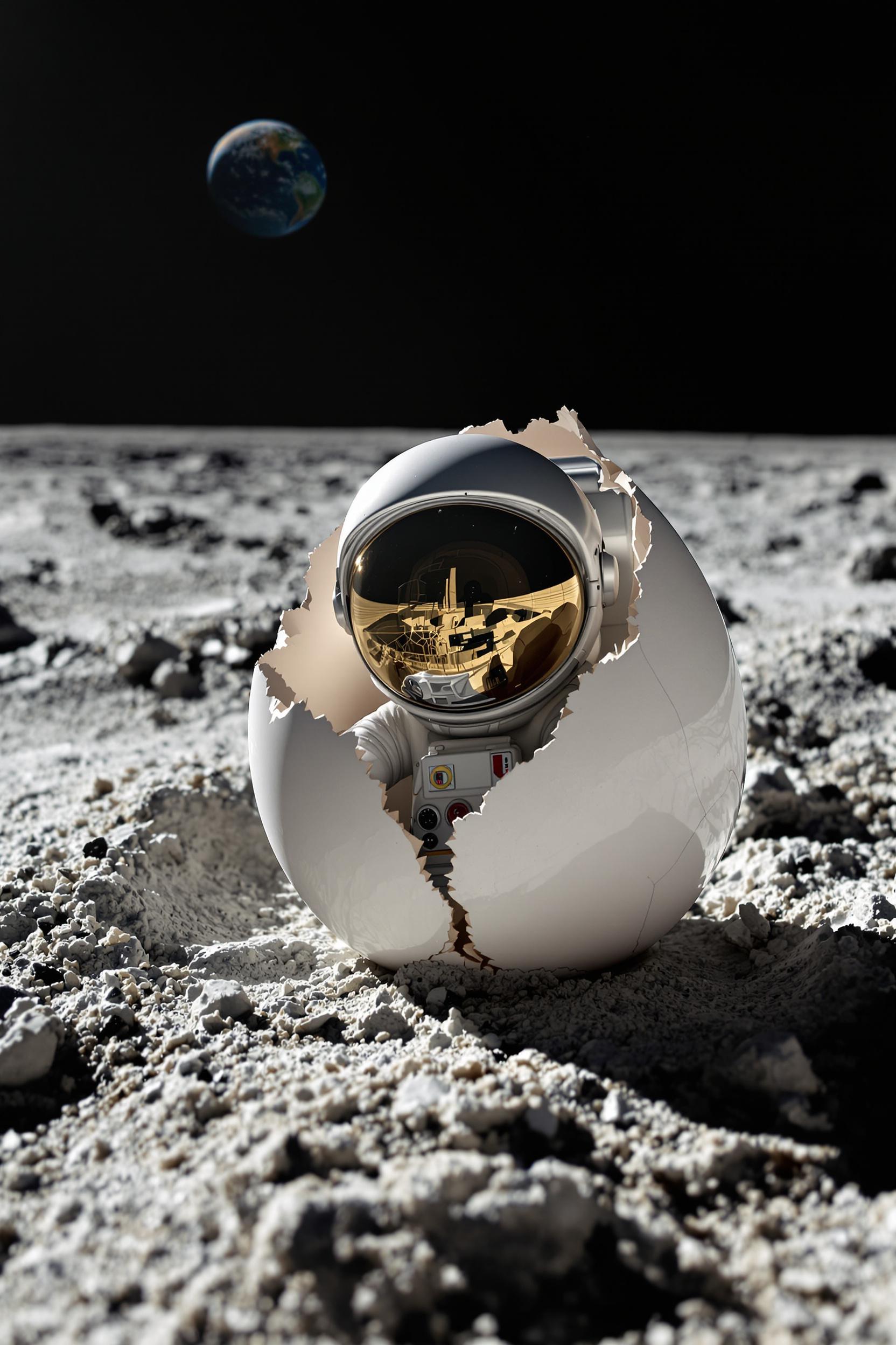 A Tiny Astronaut Hatching From An Egg On The Moon