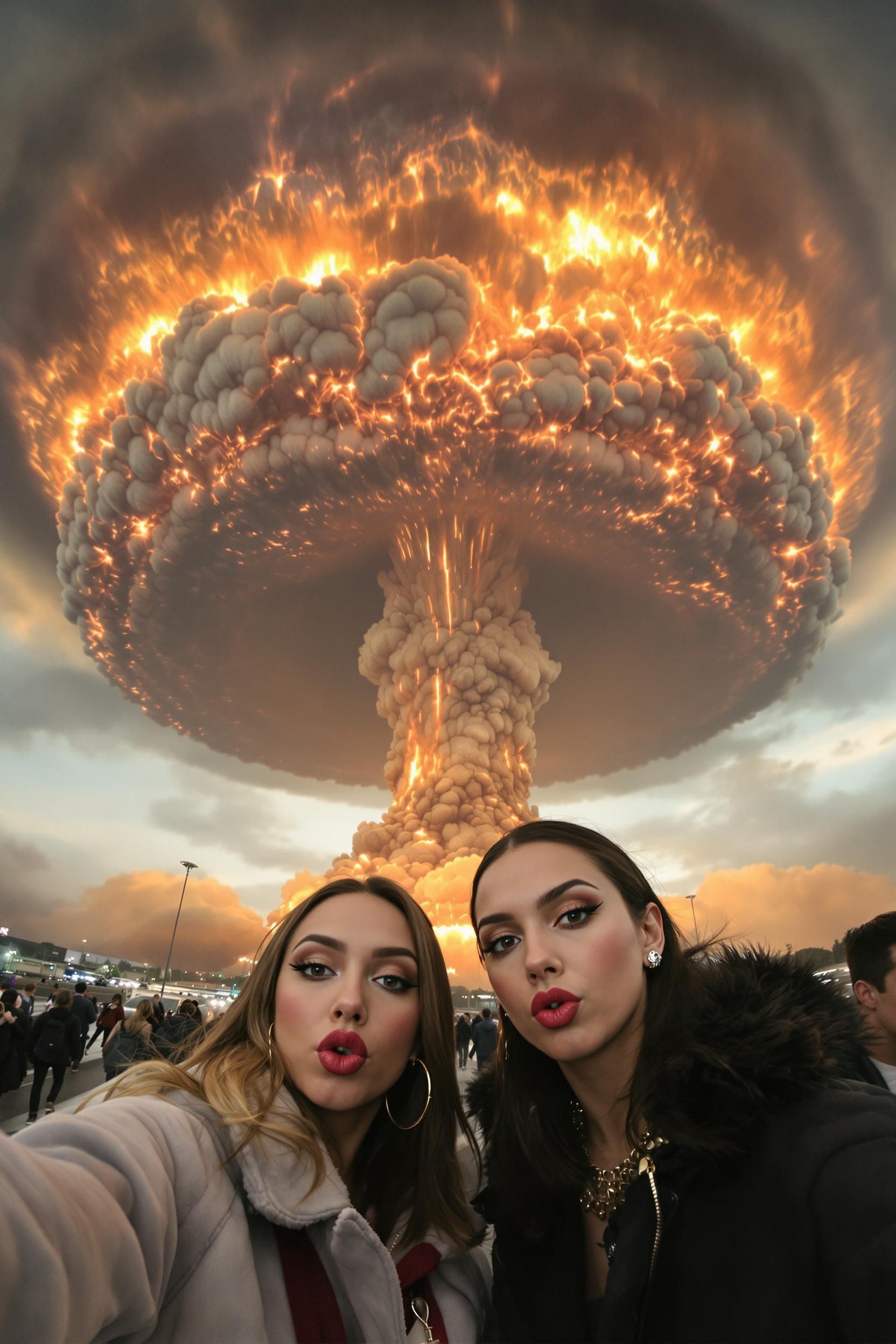 A Video Of A Nuclear Mushroom Cloud While Influencers Film Themselves For Social Media And Pose