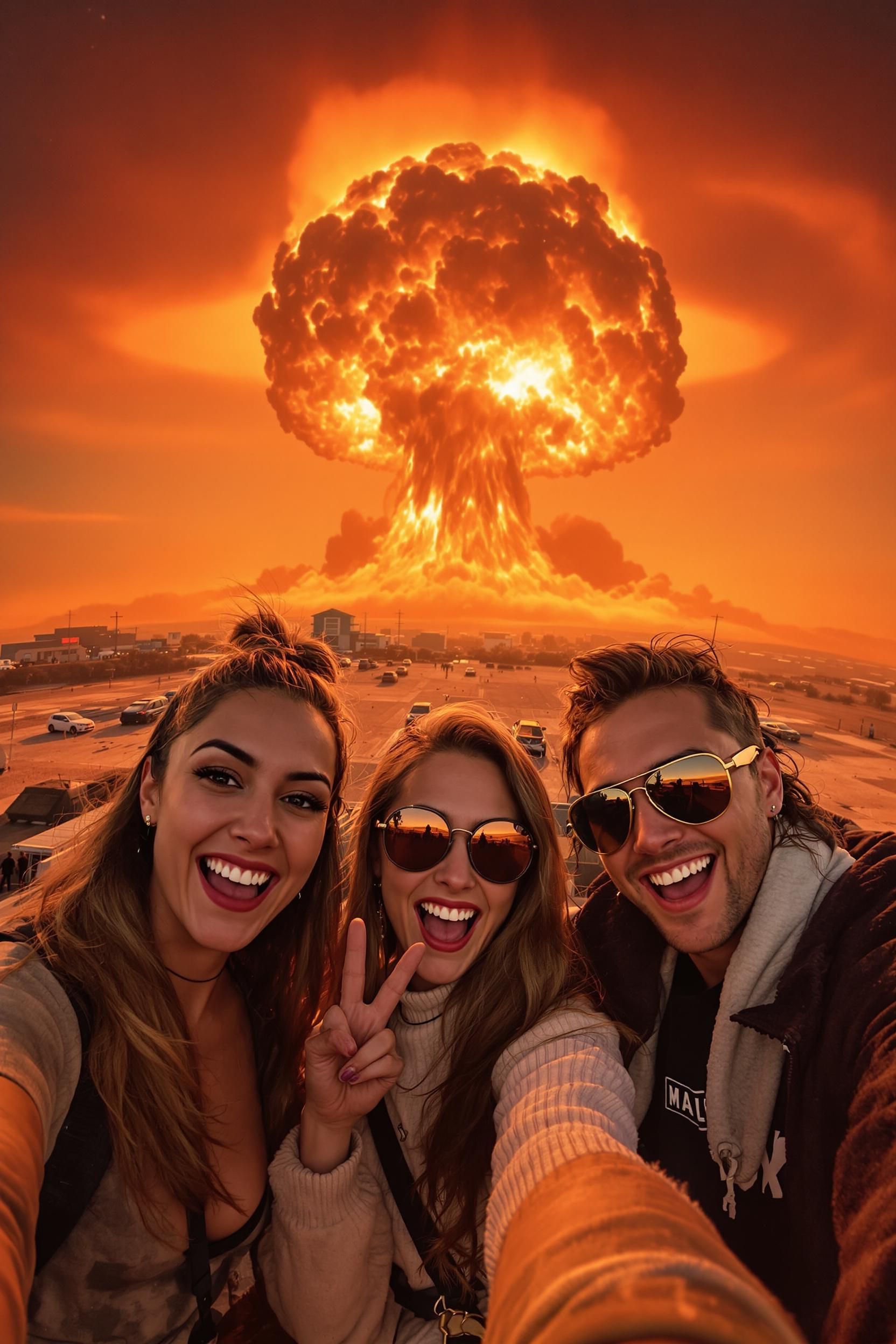 A Video Of A Nuclear Mushroom Cloud While Influencers Film Themselves For Social Media And Pose