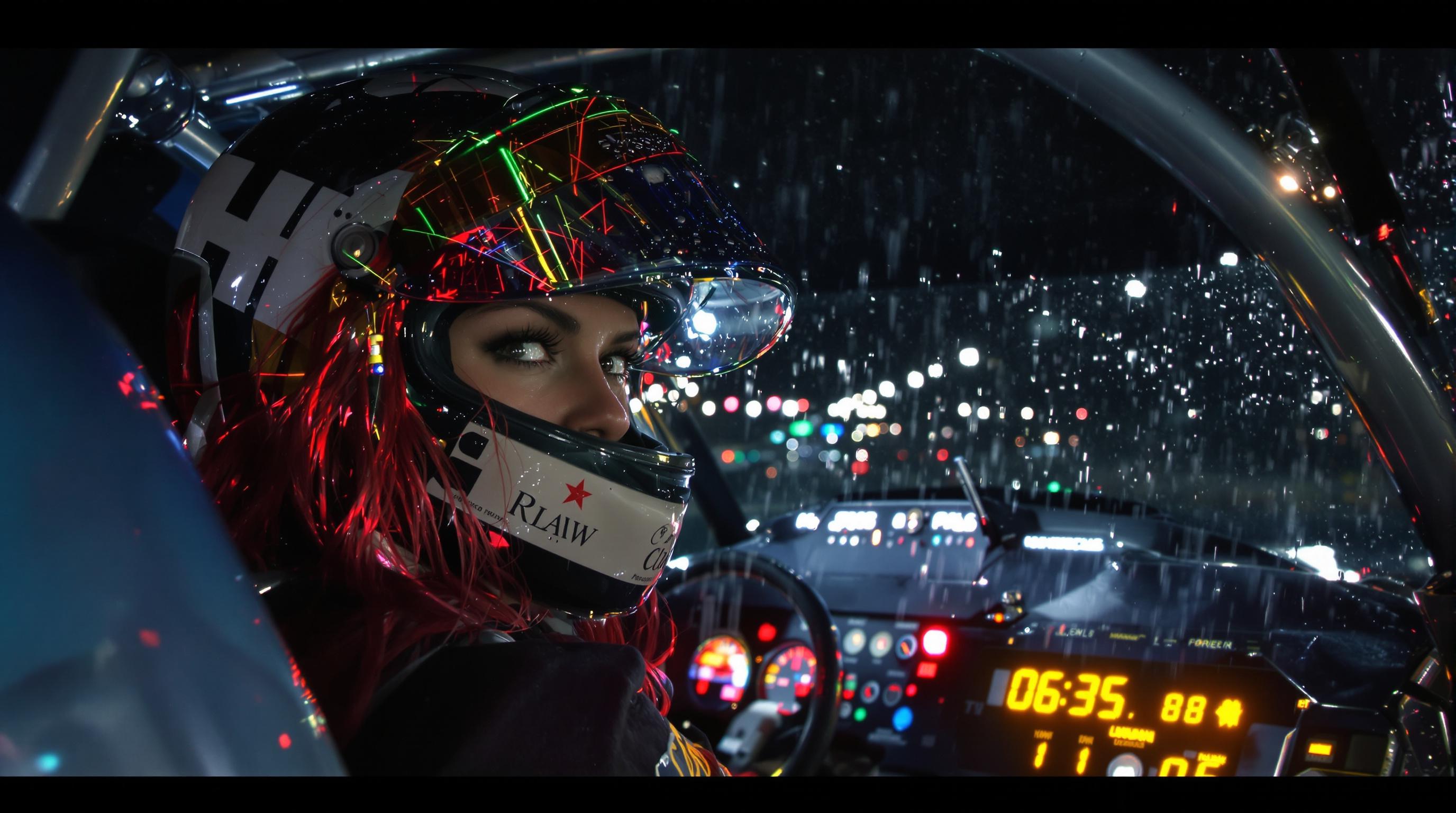A Woman With Red Hair In A Race Car