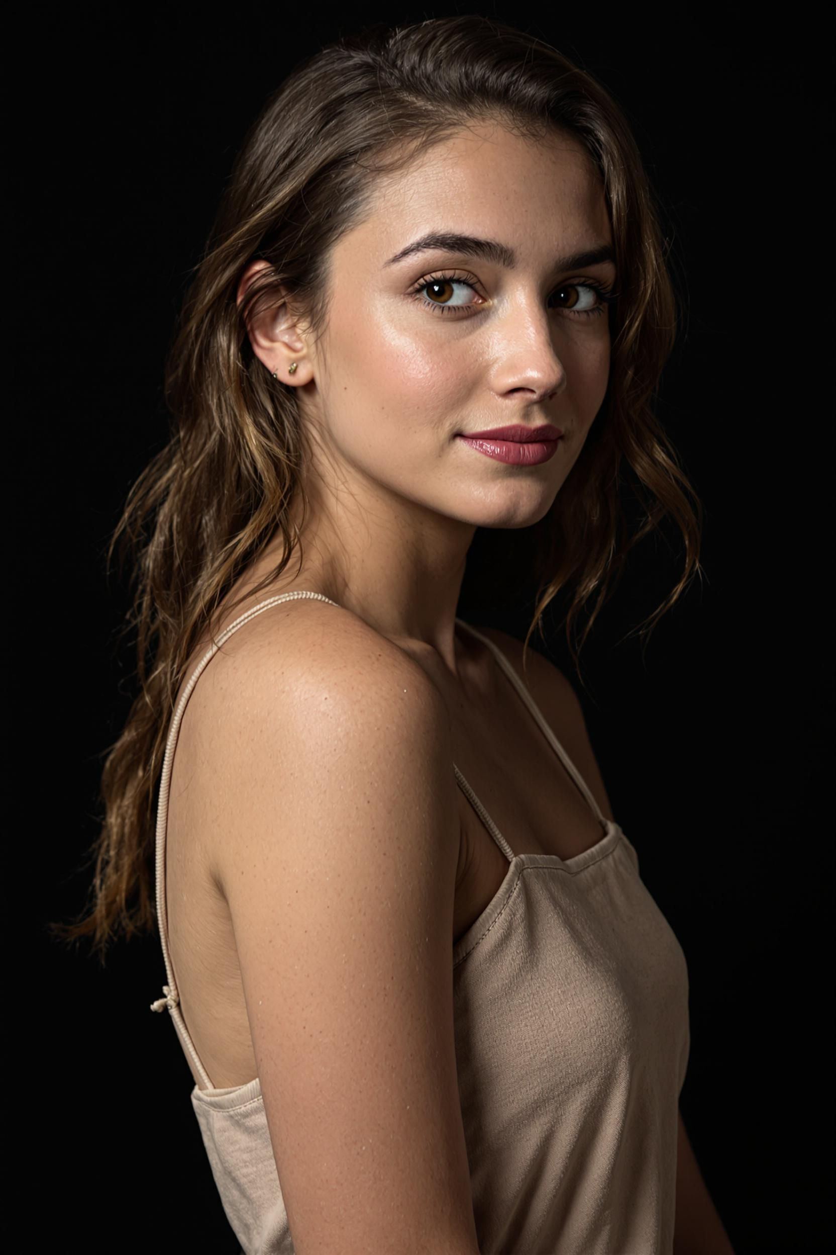 A Young Woman Photographed With Soft Lighting Against A Dark Background